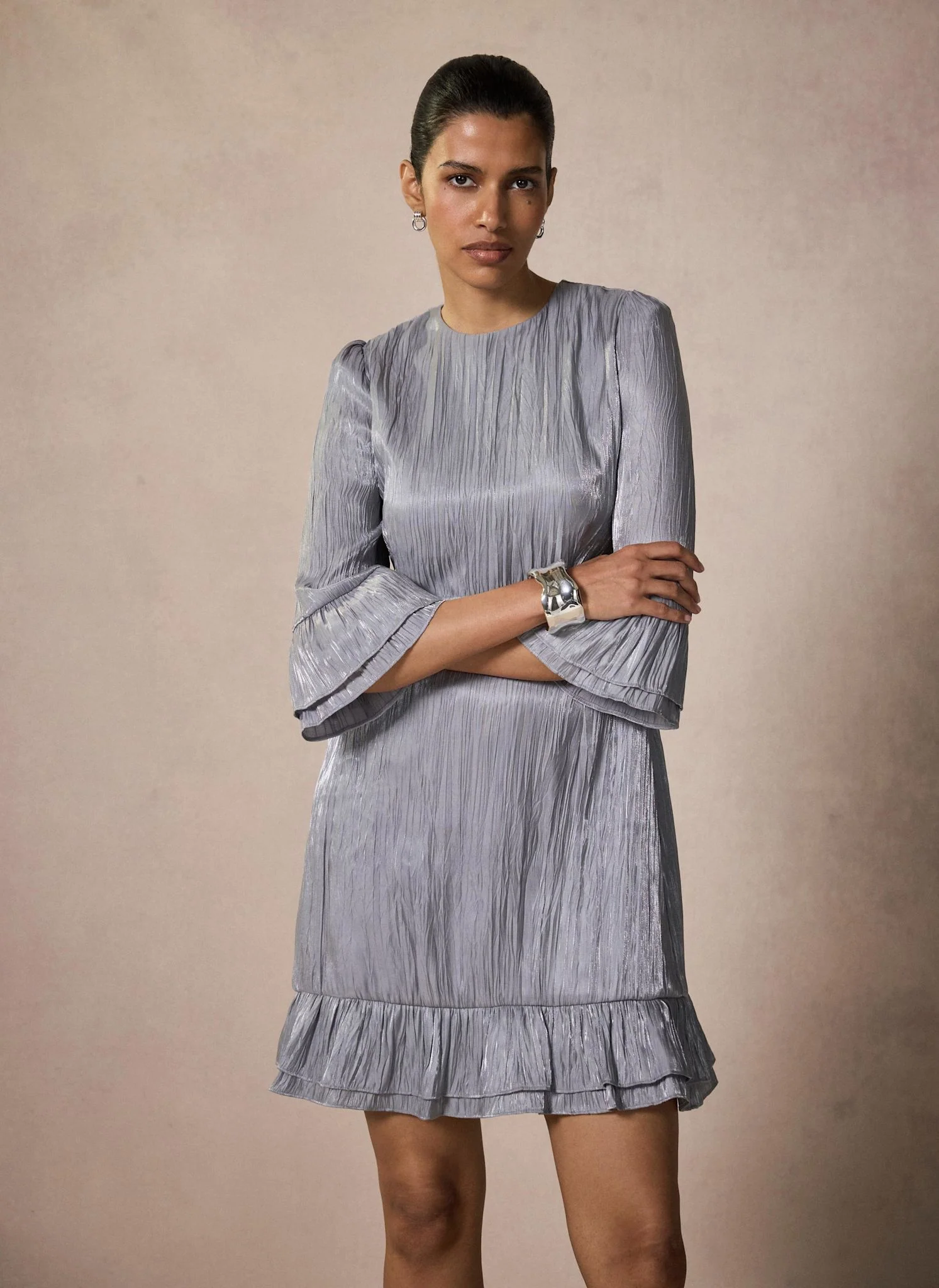 Silver Metallic Ruffle Mini Dress
