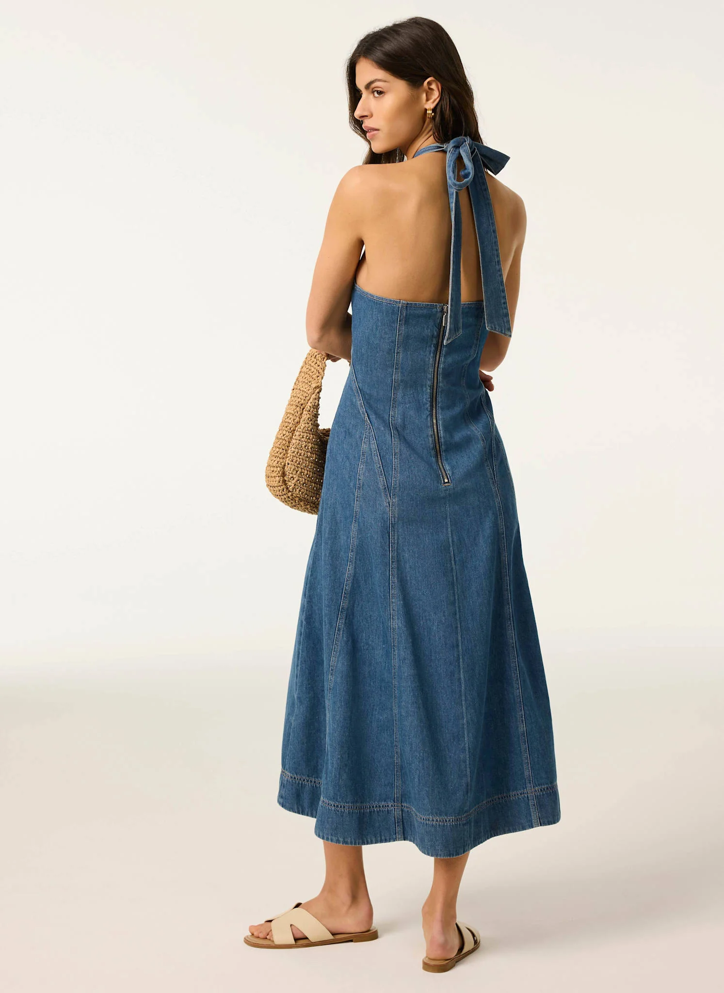 Mid Indigo Denim Halter Midi Dress - Image 3