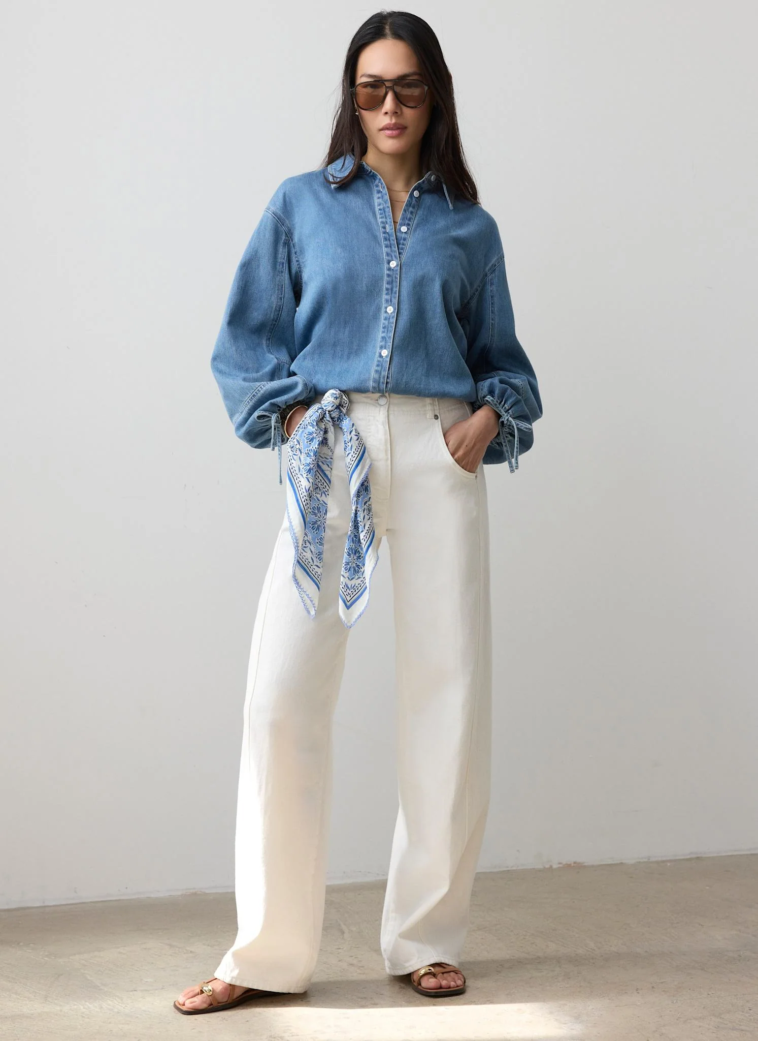 Mid Indigo Denim Blouson Sleeve Shirt - Image 3