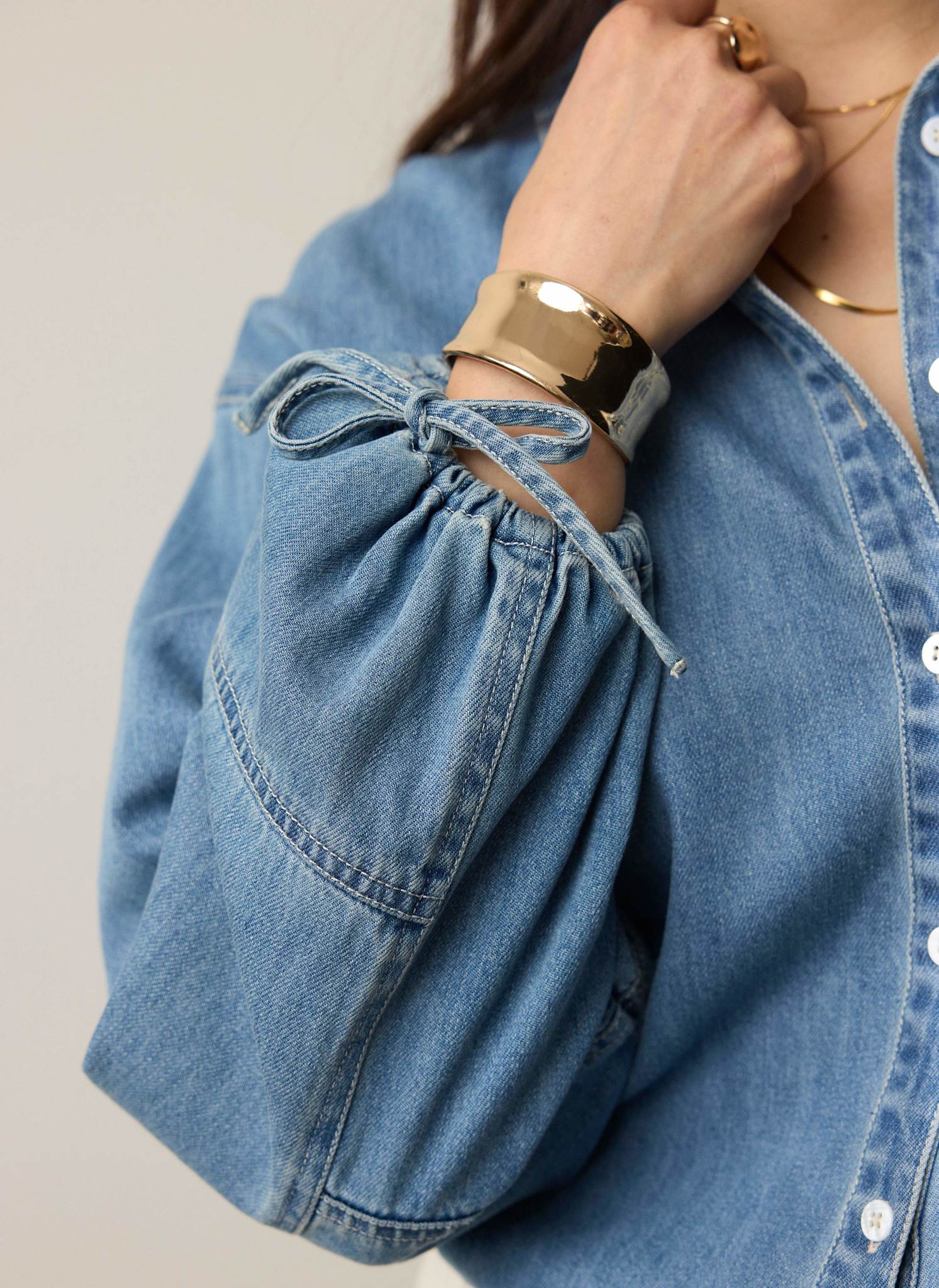 Mid Indigo Denim Blouson Sleeve Shirt - Image 4