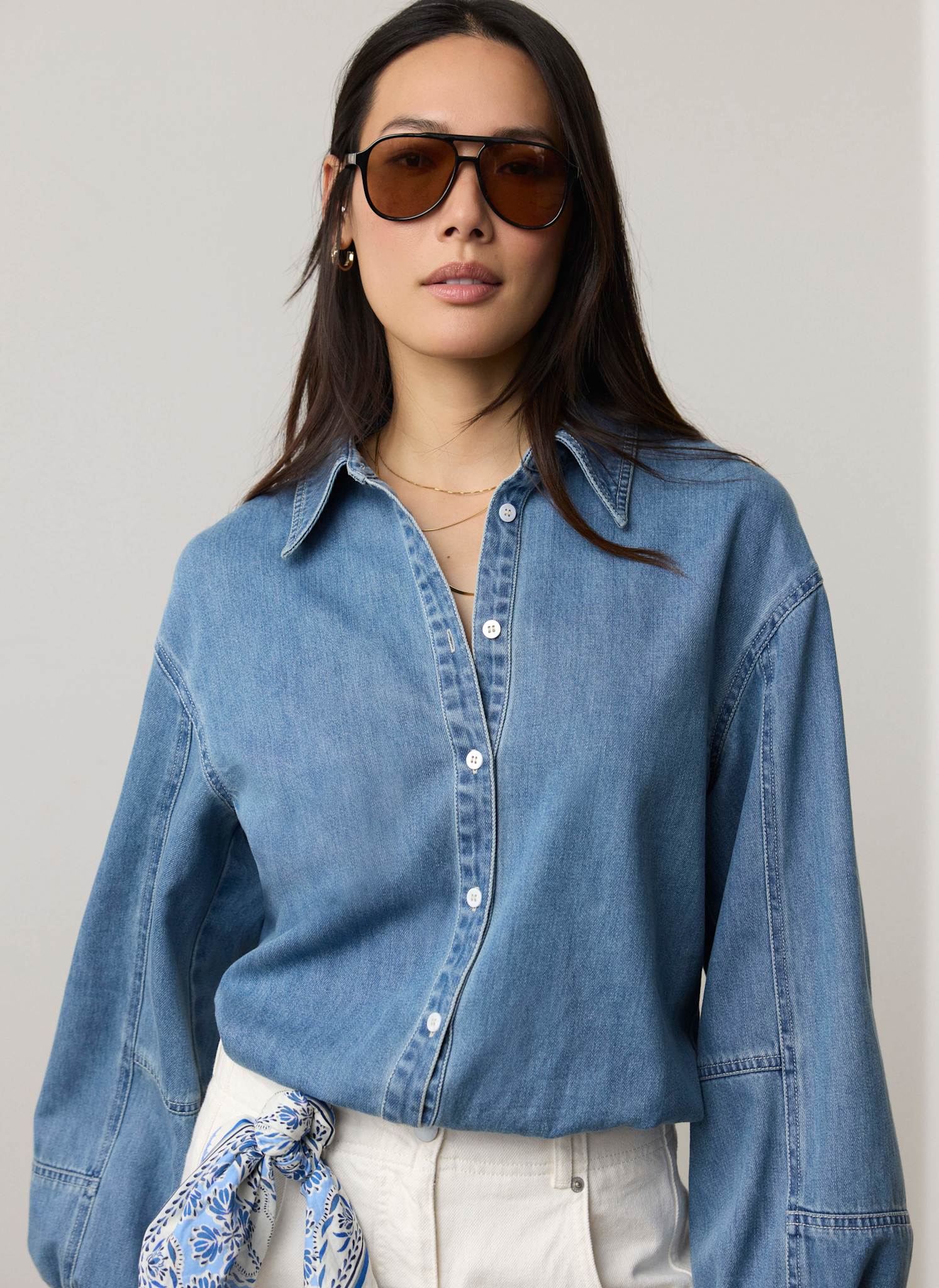 Mid Indigo Denim Blouson Sleeve Shirt - Image 5