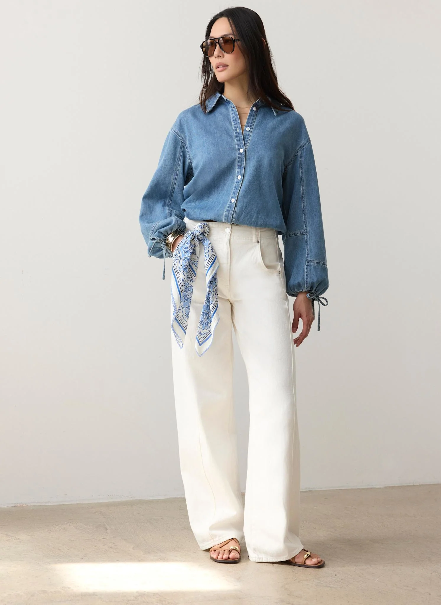 Mid Indigo Denim Blouson Sleeve Shirt - Image 6