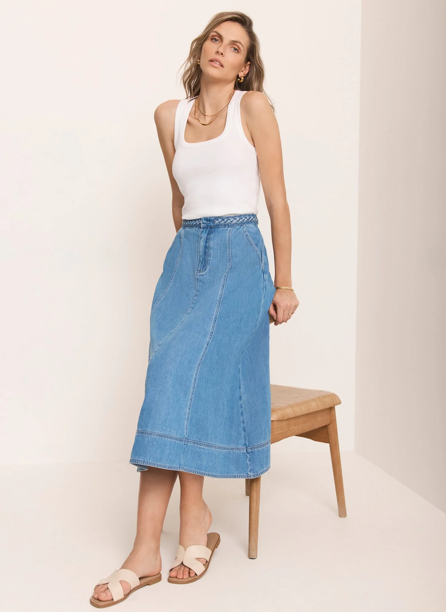 Mid Indigo Plait Detail Denim Midi Skirt