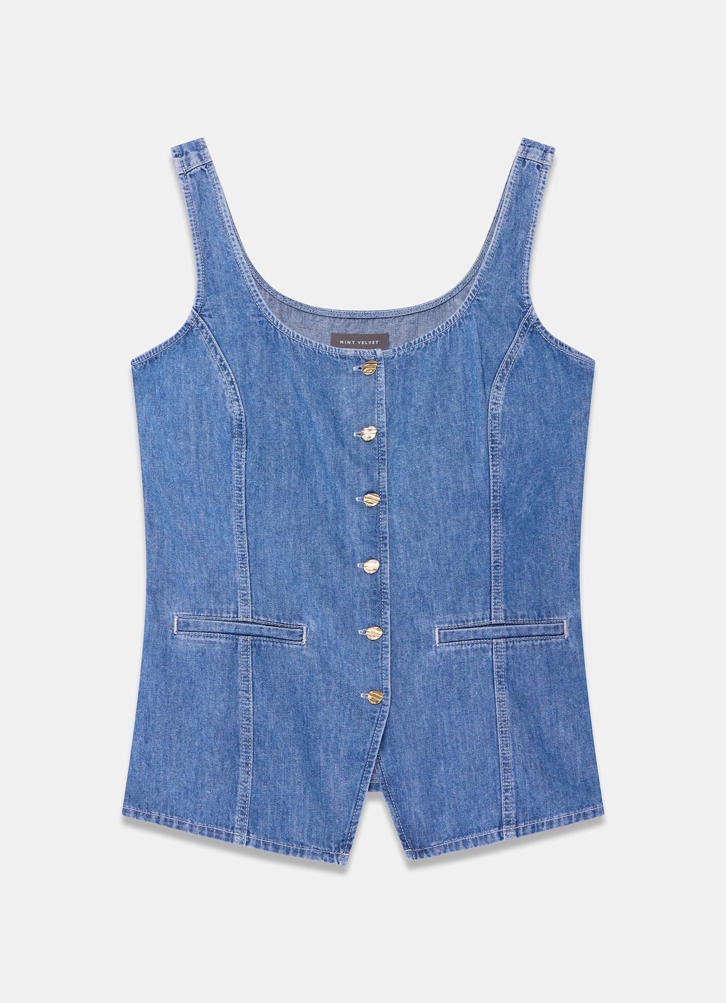 Mid Indigo Denim Waistcoat Top - Image 7