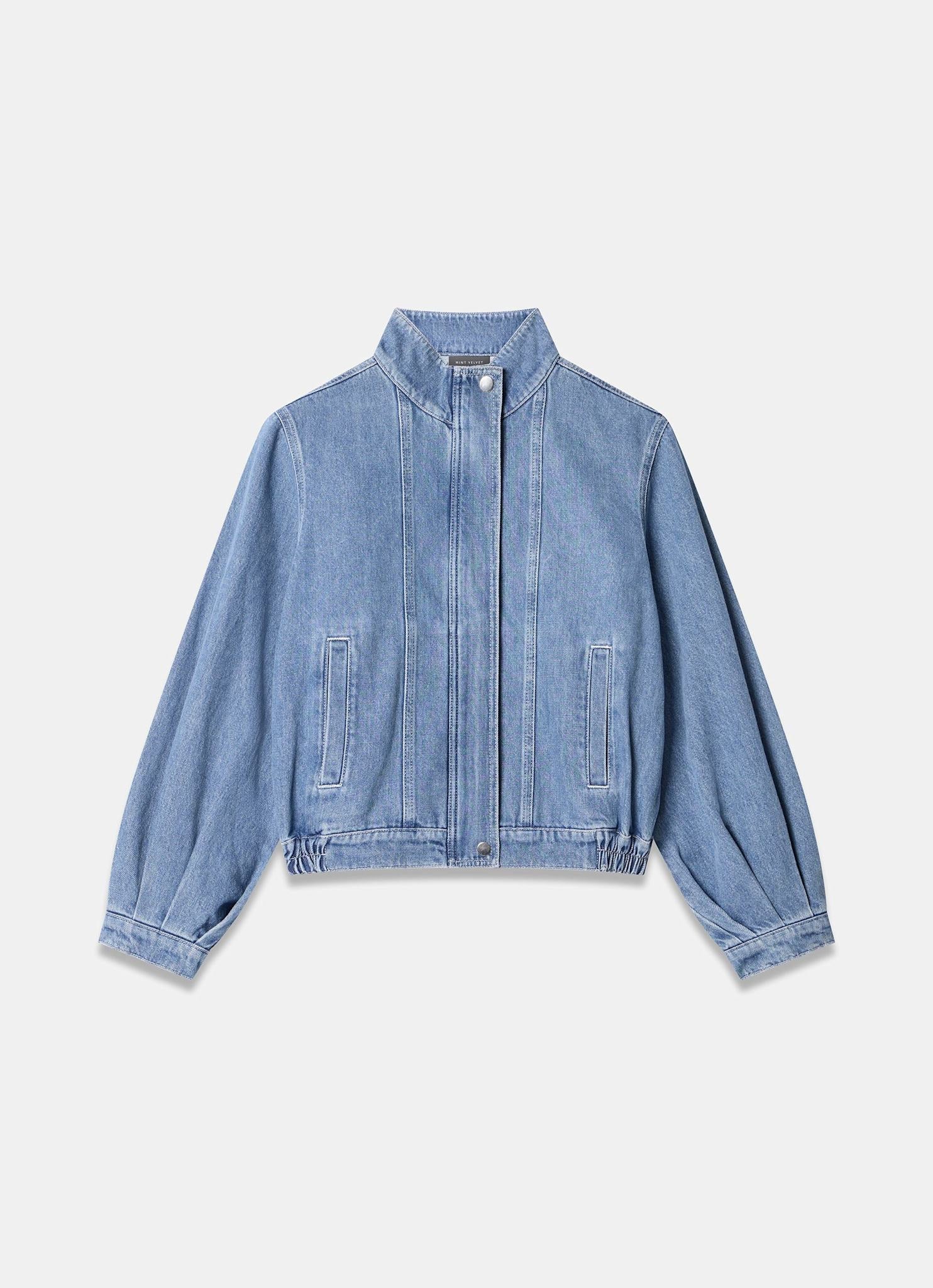 Mid Indigo Denim Bomber Jacket - Image 7