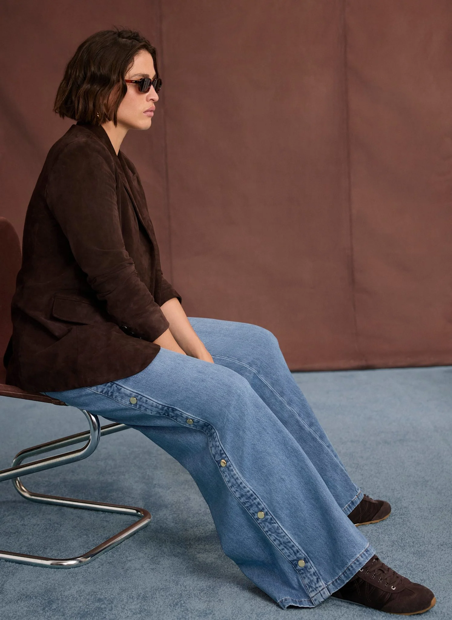 Mid Indigo Popper Detail Wide Jeans - Image 4
