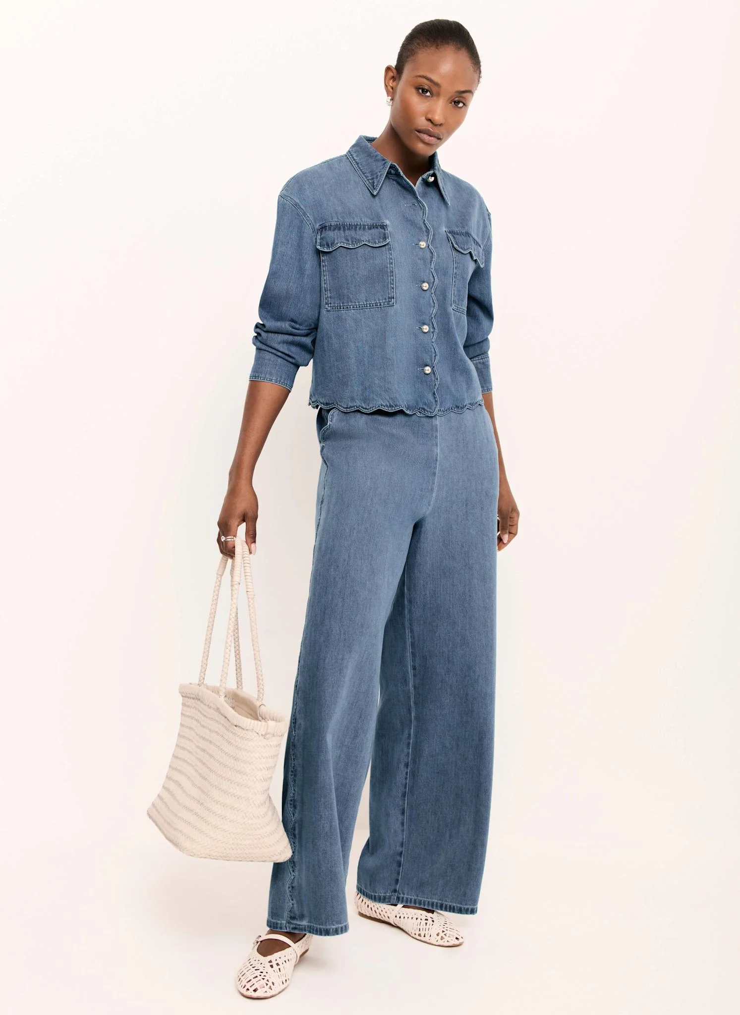 Indigo Scallop Trim Wide Jeans