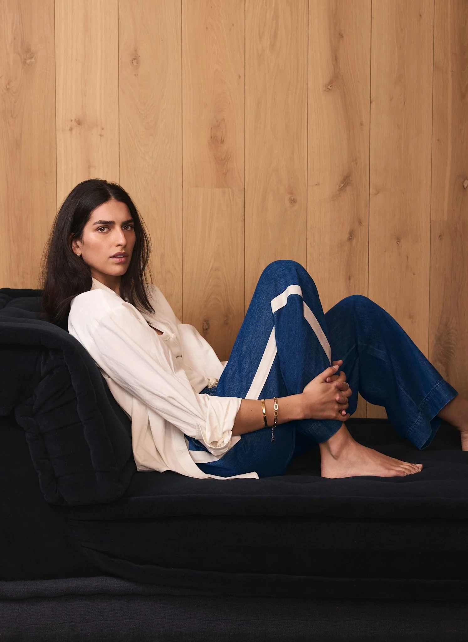 Indigo Tie Waist Side Stripe Wide Jeans - Image 3