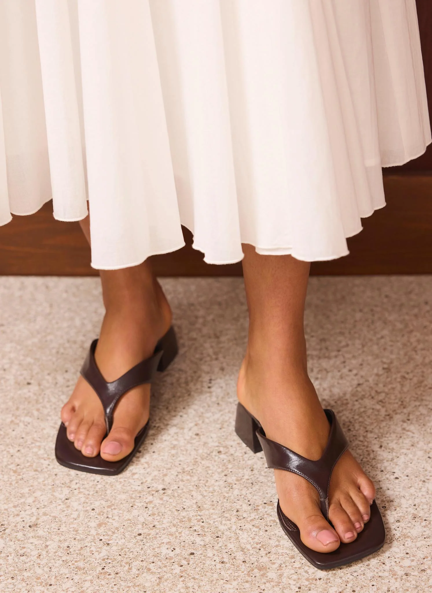 Millie Brown Leather Block Flip Flop Heels - Image 2