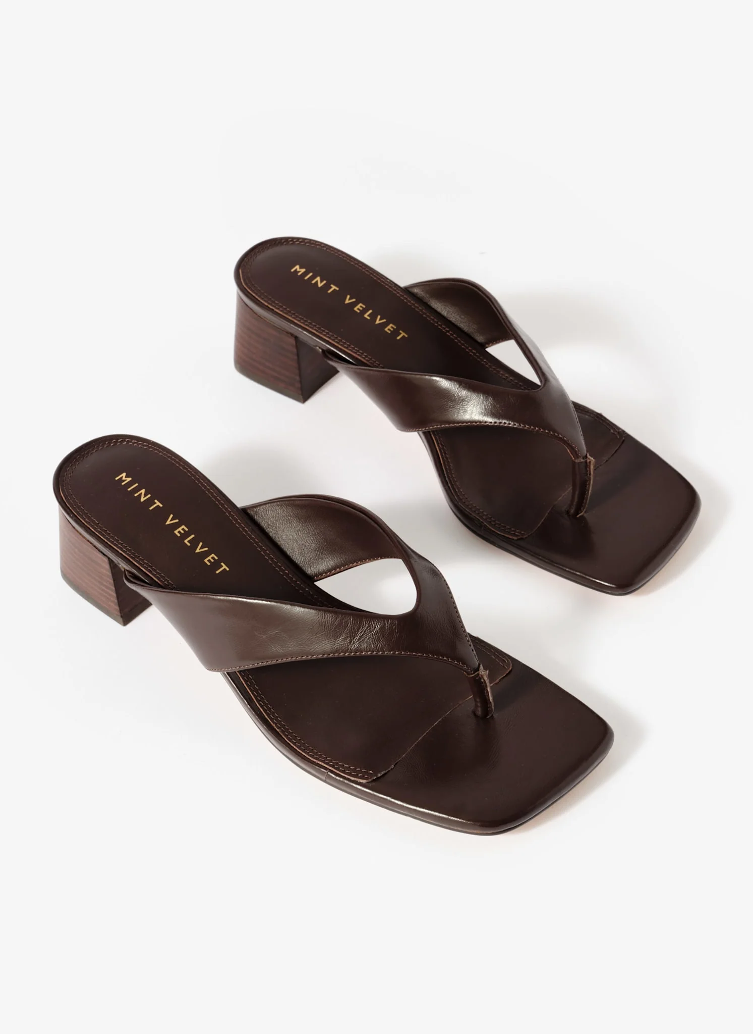 Millie Brown Leather Block Flip Flop Heels - Image 3