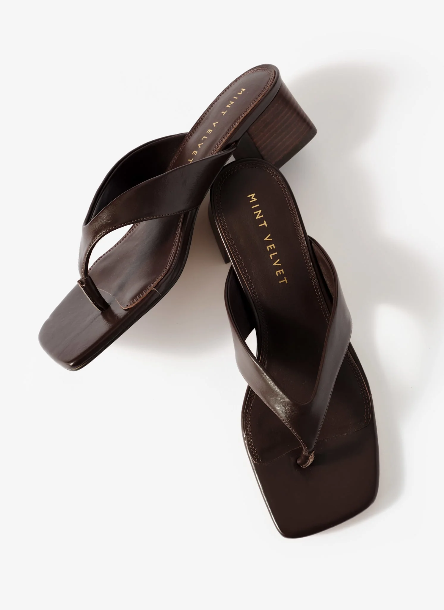 Millie Brown Leather Block Flip Flop Heels - Image 4