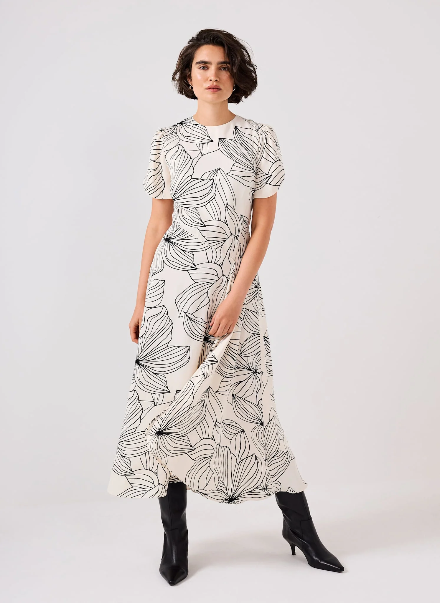 Cream Floral Print Satin Midi Dress - Image 3