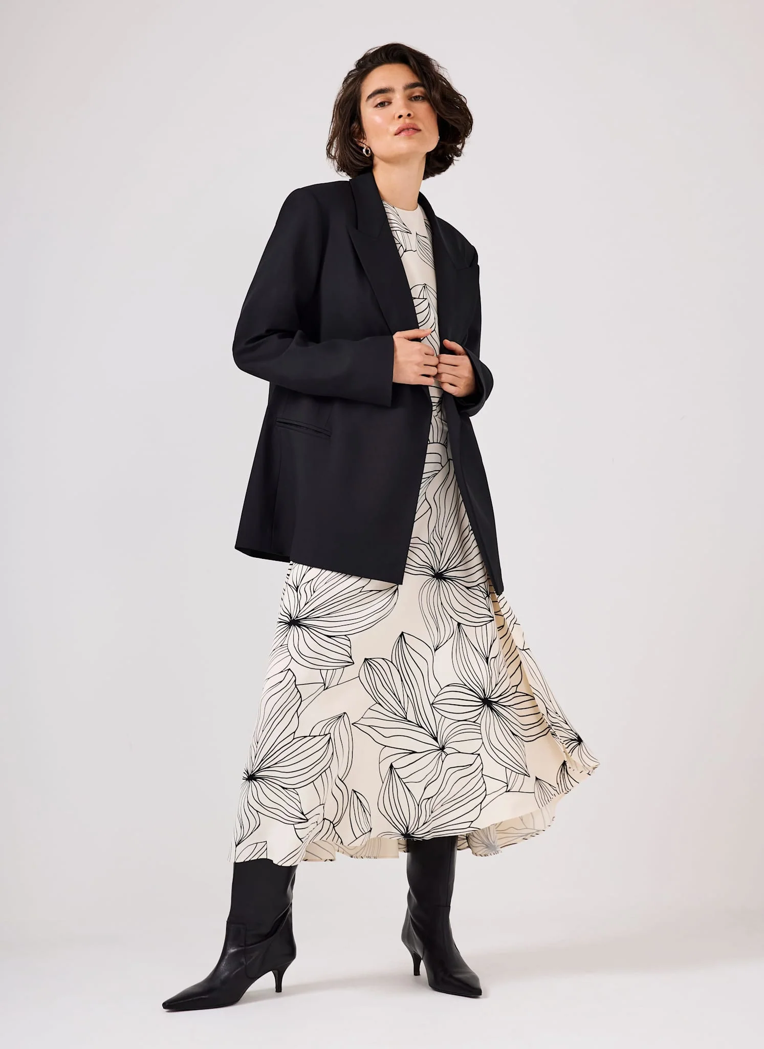 Cream Floral Print Satin Midi Dress - Image 6