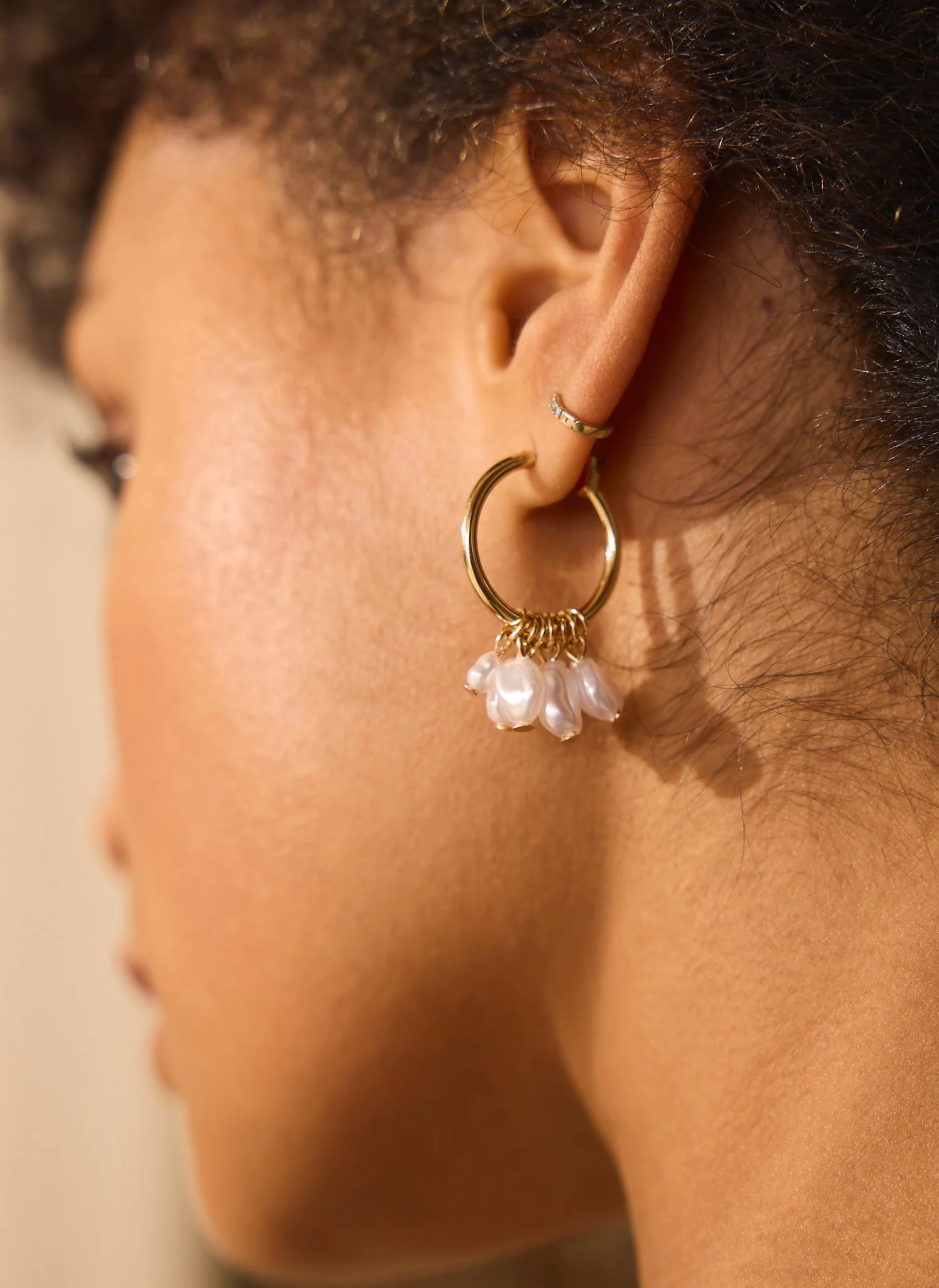 Gold Tone Hoop Mini Pearl Earrings - Image 2