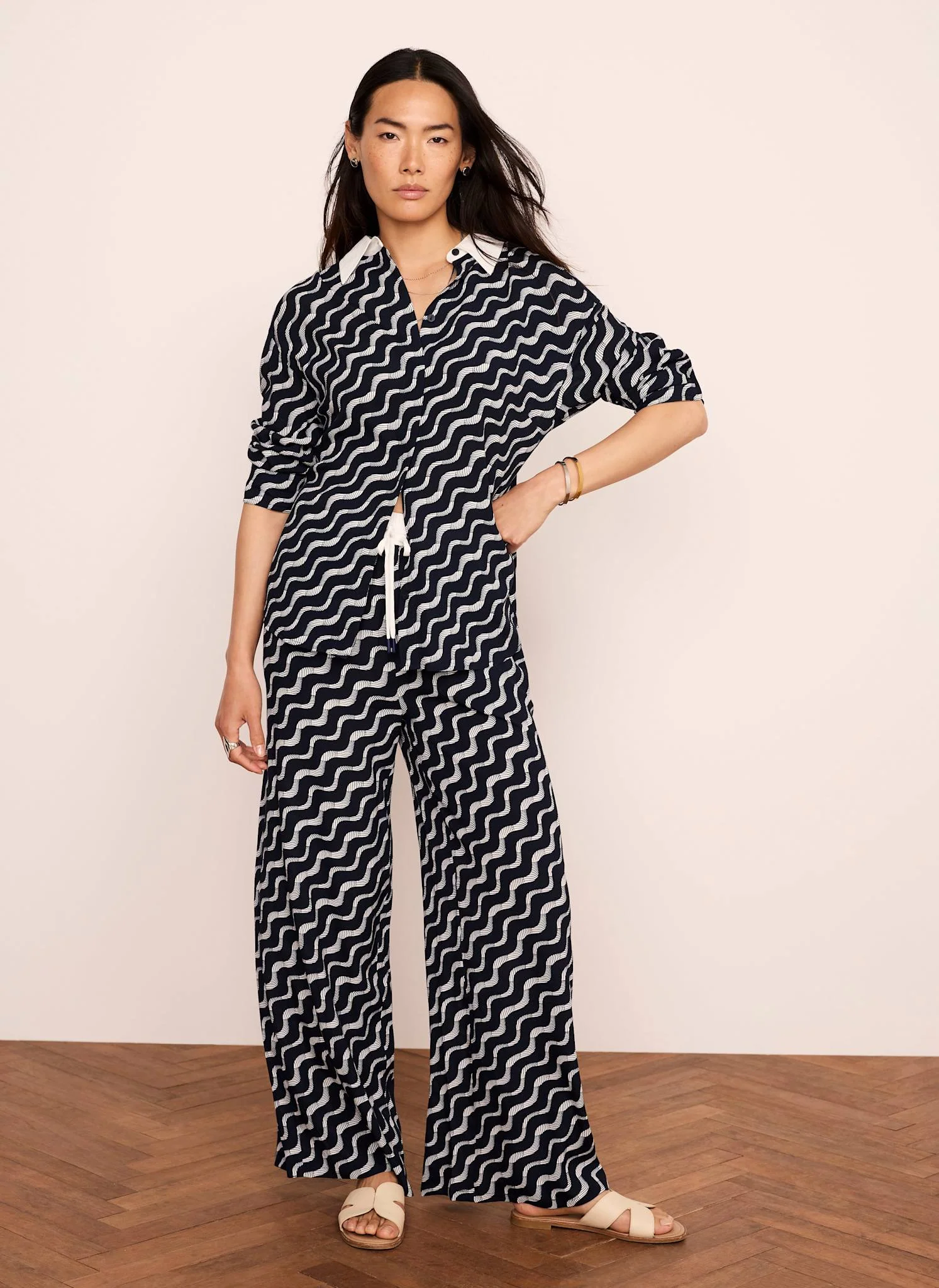 Navy Abstract Print Wide Trousers