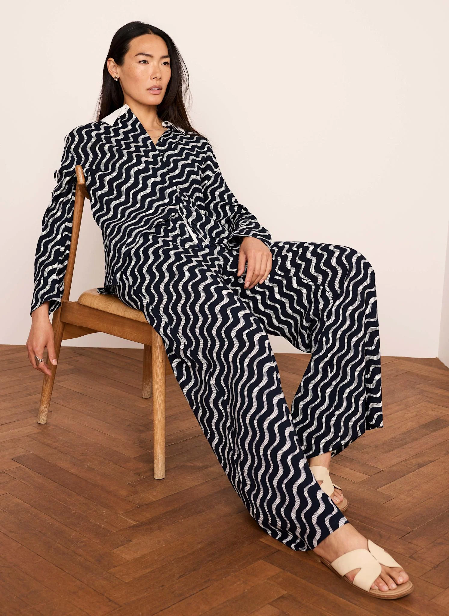 Navy Abstract Print Wide Trousers - Image 2
