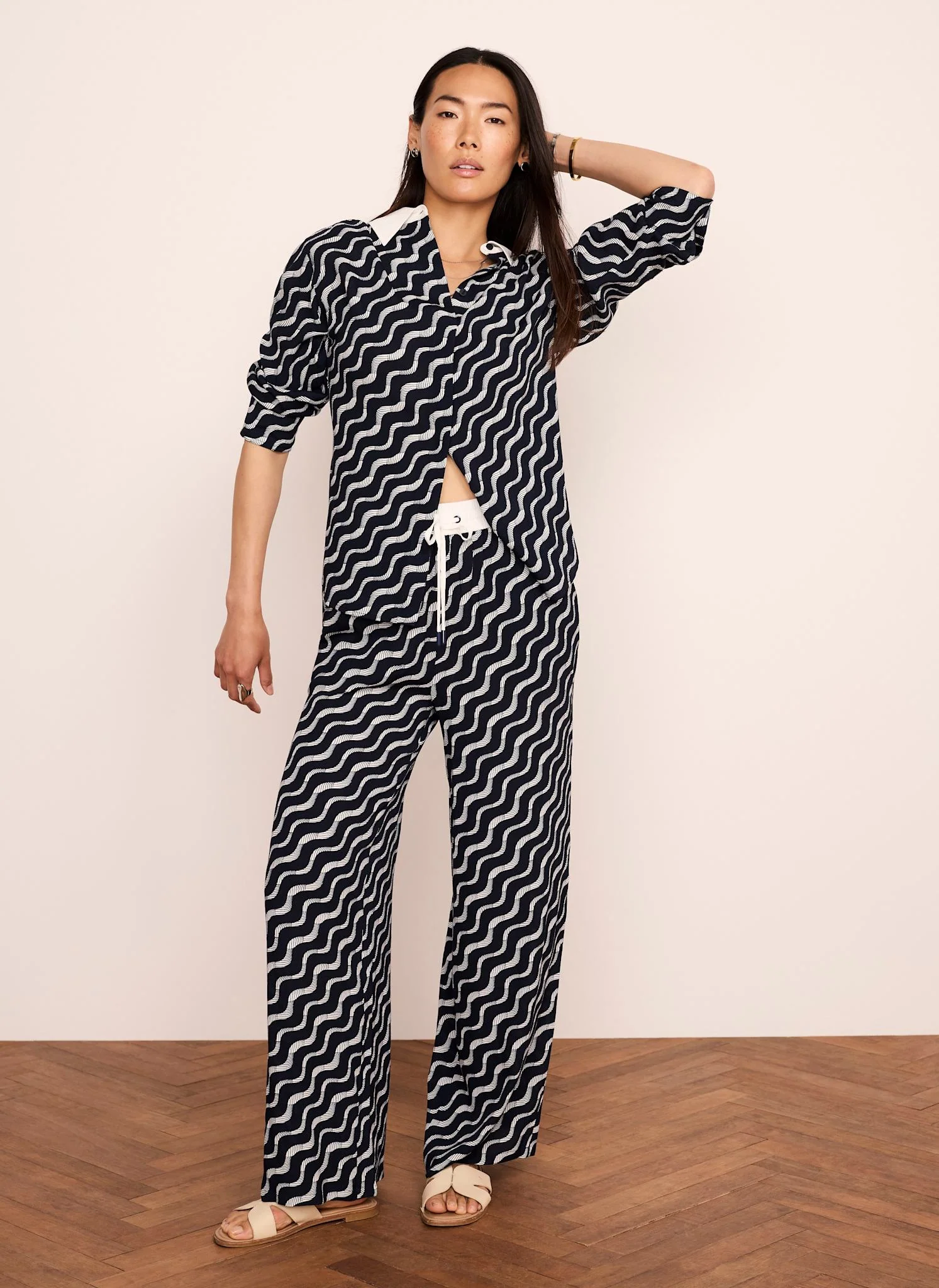 Navy Abstract Print Wide Trousers - Image 3