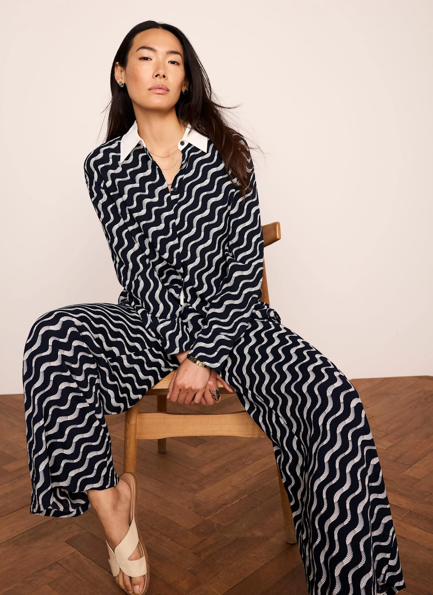 Navy Abstract Print Wide Trousers - Image 4