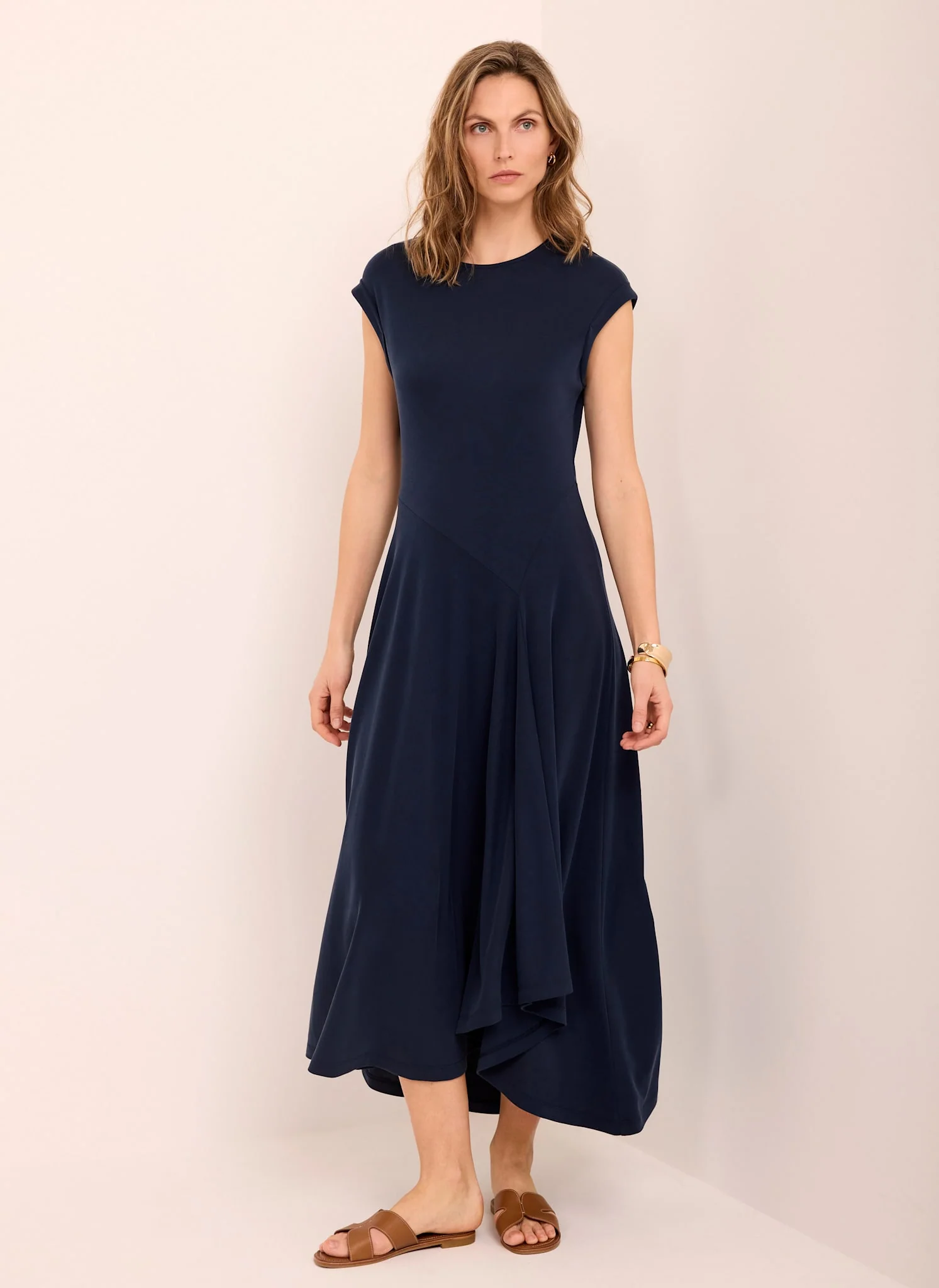 Navy Jersey Asymmetric Midi Dress - Image 2