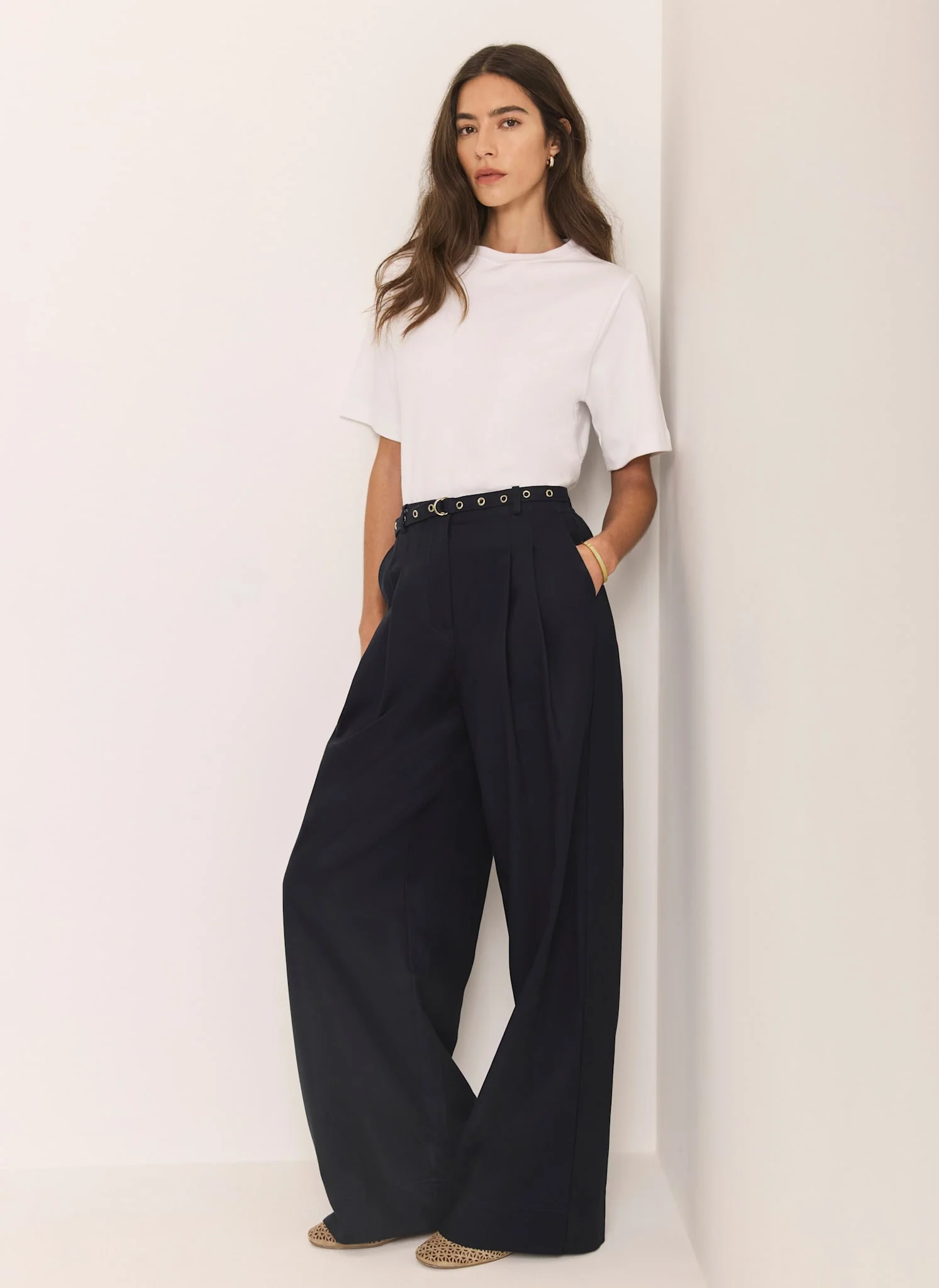Navy Belted Wide Leg Trousers