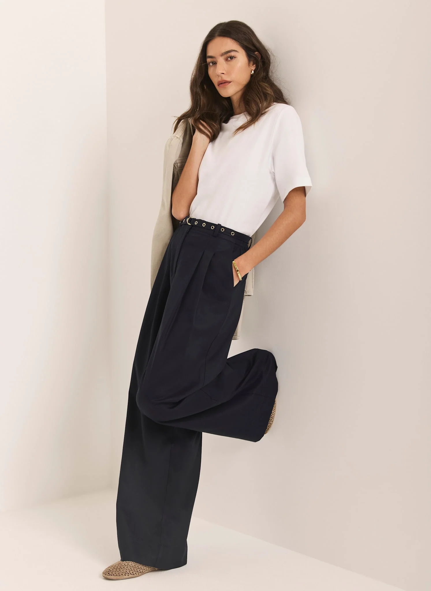Navy Belted Wide Leg Trousers - Image 2