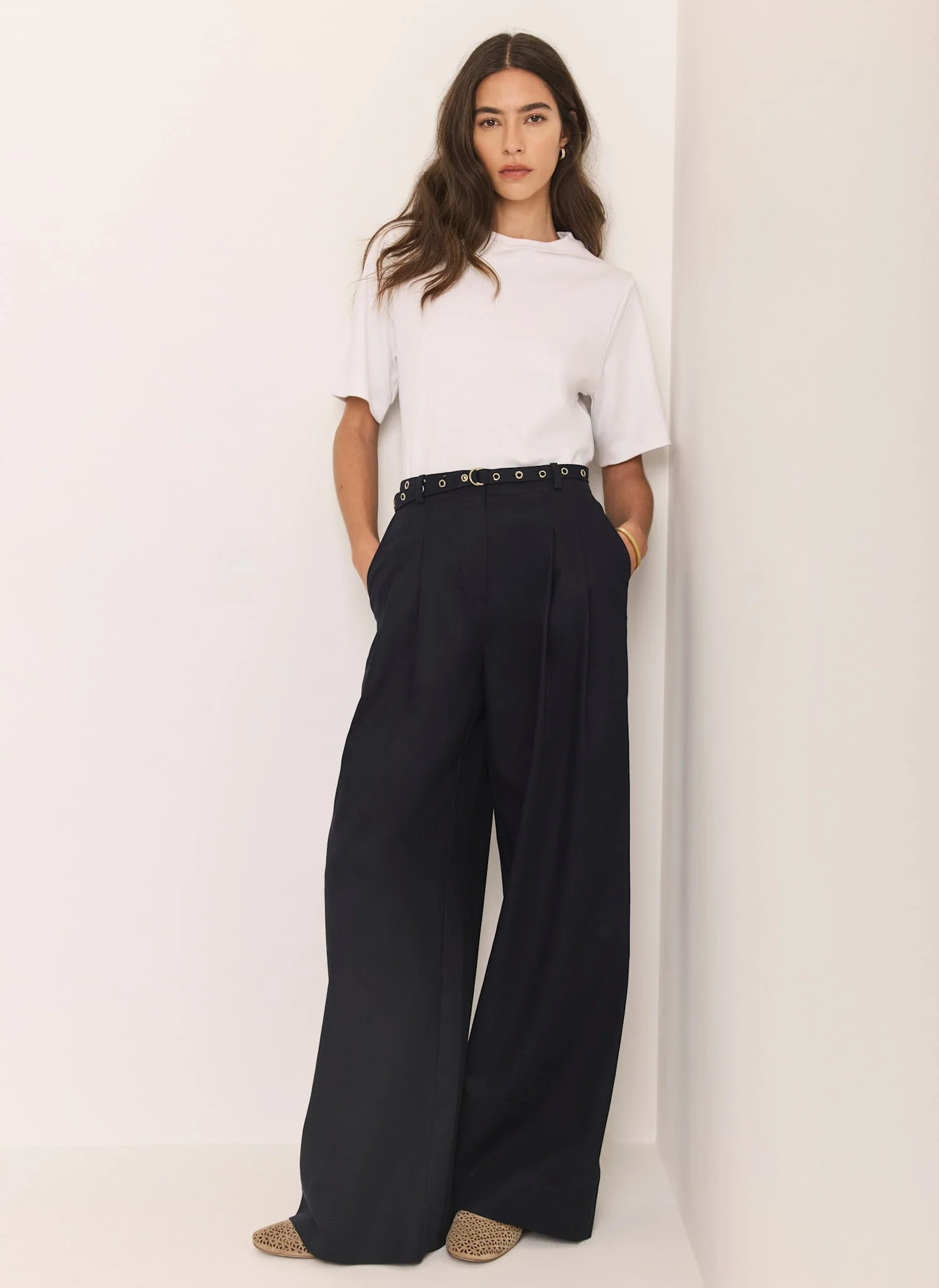 Navy Belted Wide Leg Trousers - Image 3