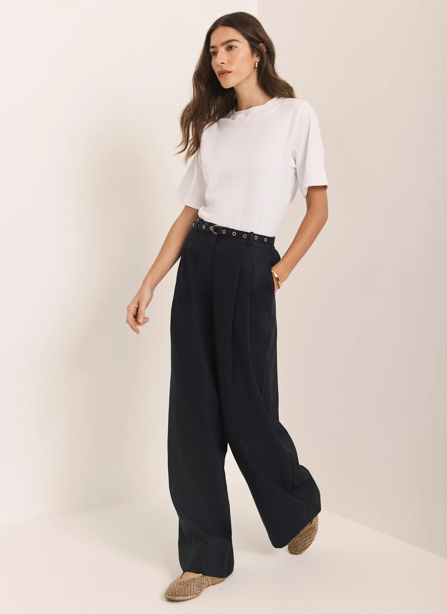 Navy Belted Wide Leg Trousers - Image 5