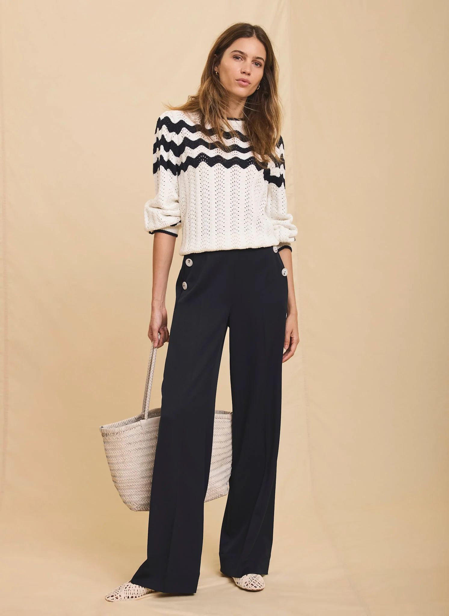 Navy Button Front Wide Trousers