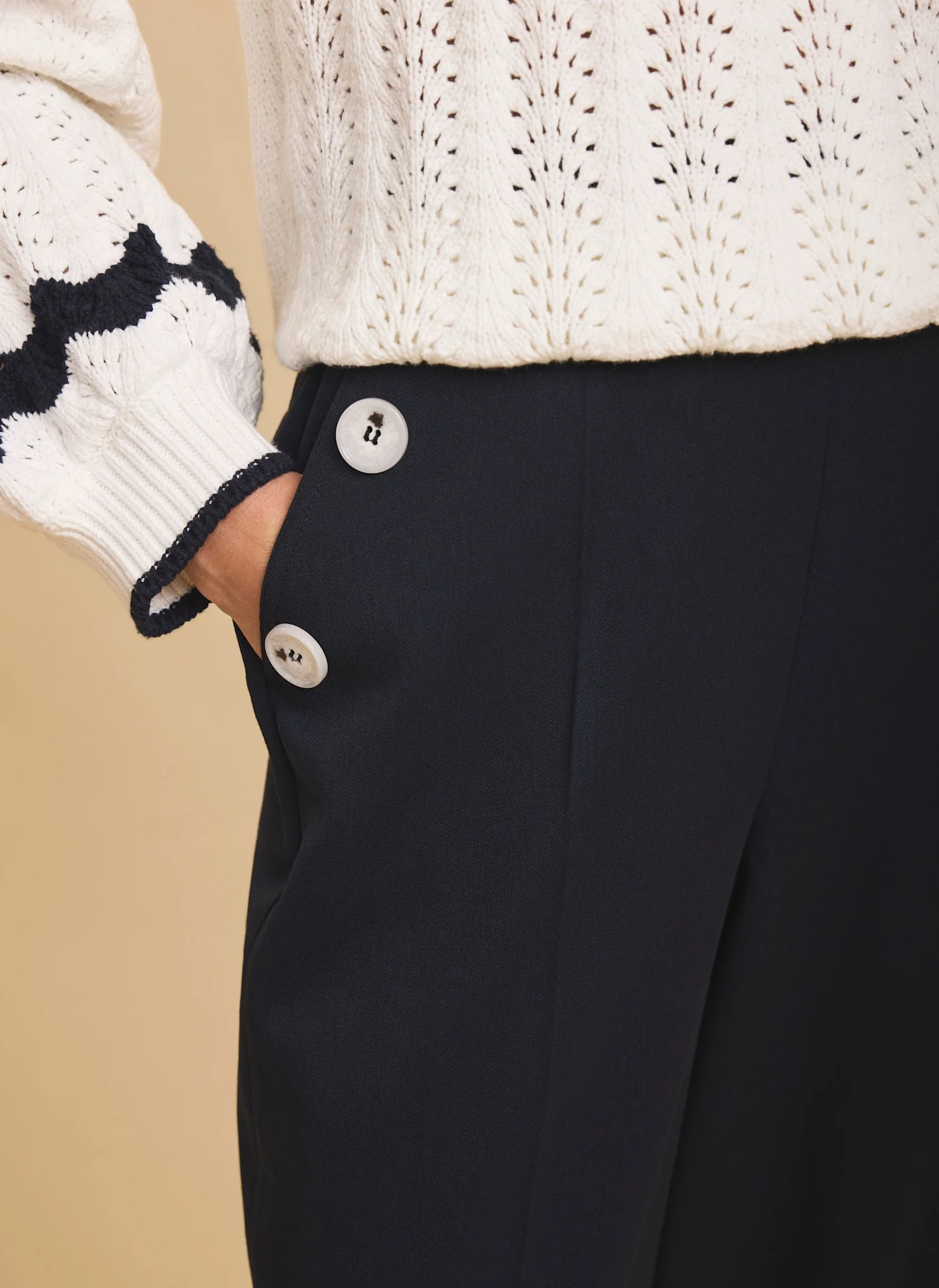 Navy Button Front Wide Trousers - Image 3