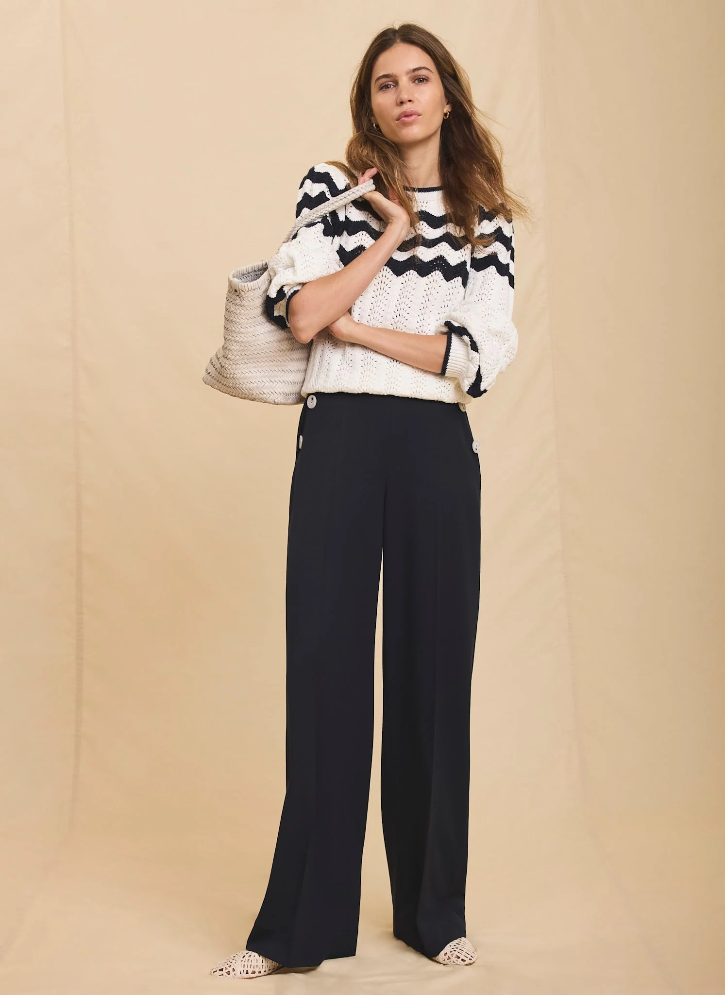Navy Button Front Wide Trousers - Image 5