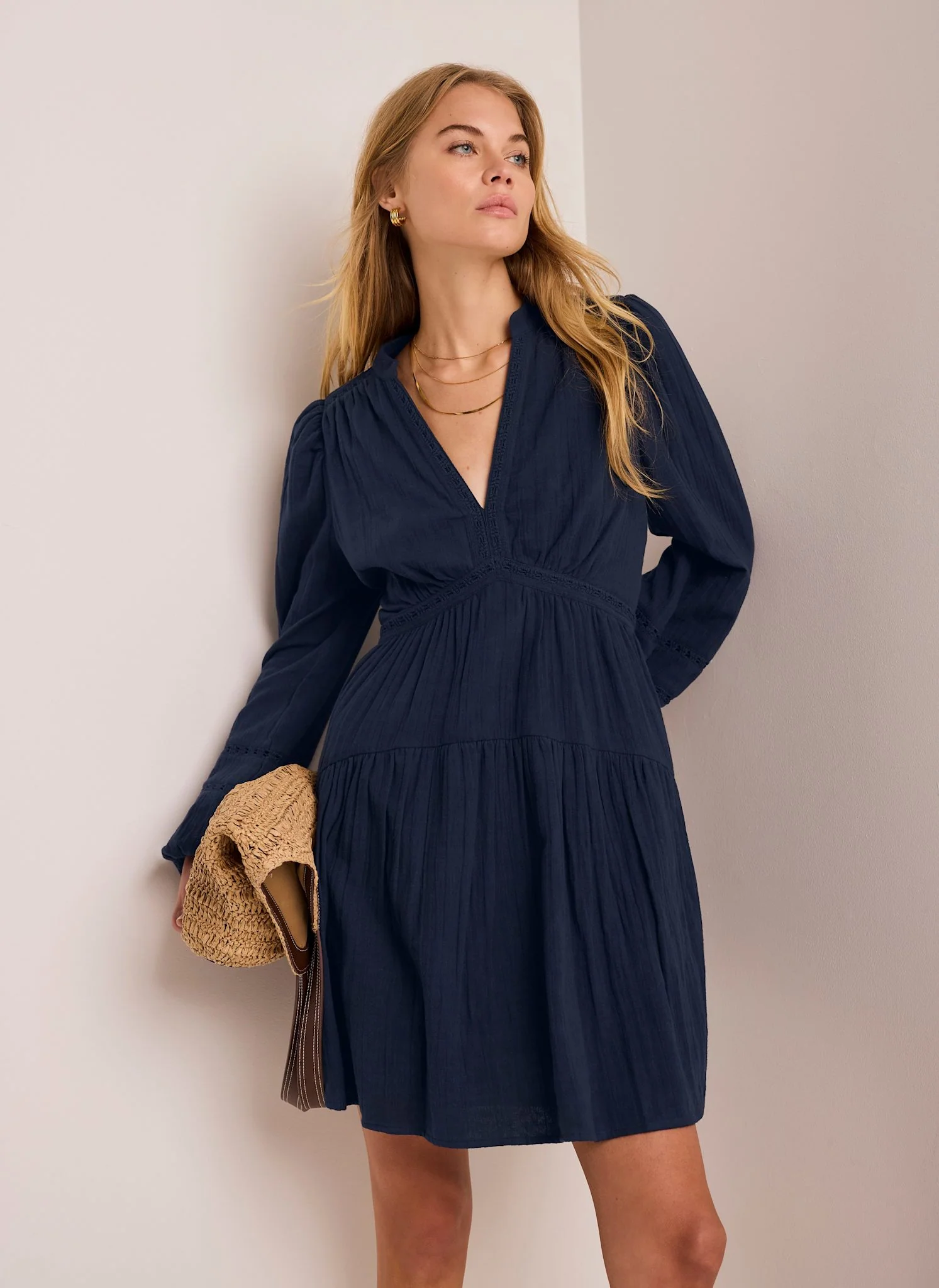 Navy Cotton Cheesecloth Mini Dress - Image 5