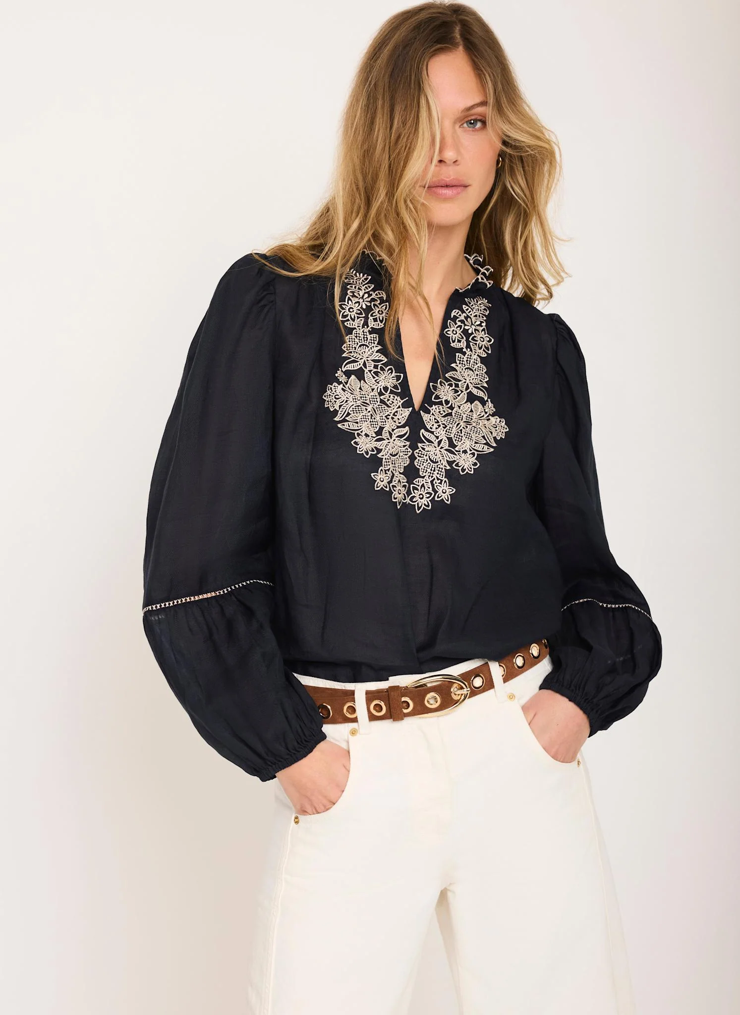 Navy Embroidered Detail Blouse - Image 6