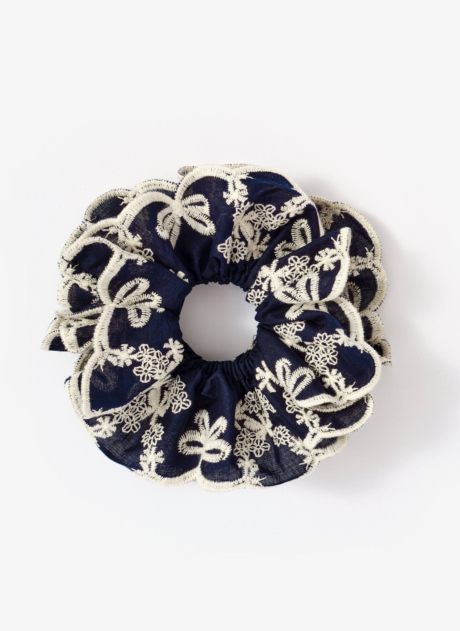 Navy Cotton Embroidered Scrunchie - Image 4