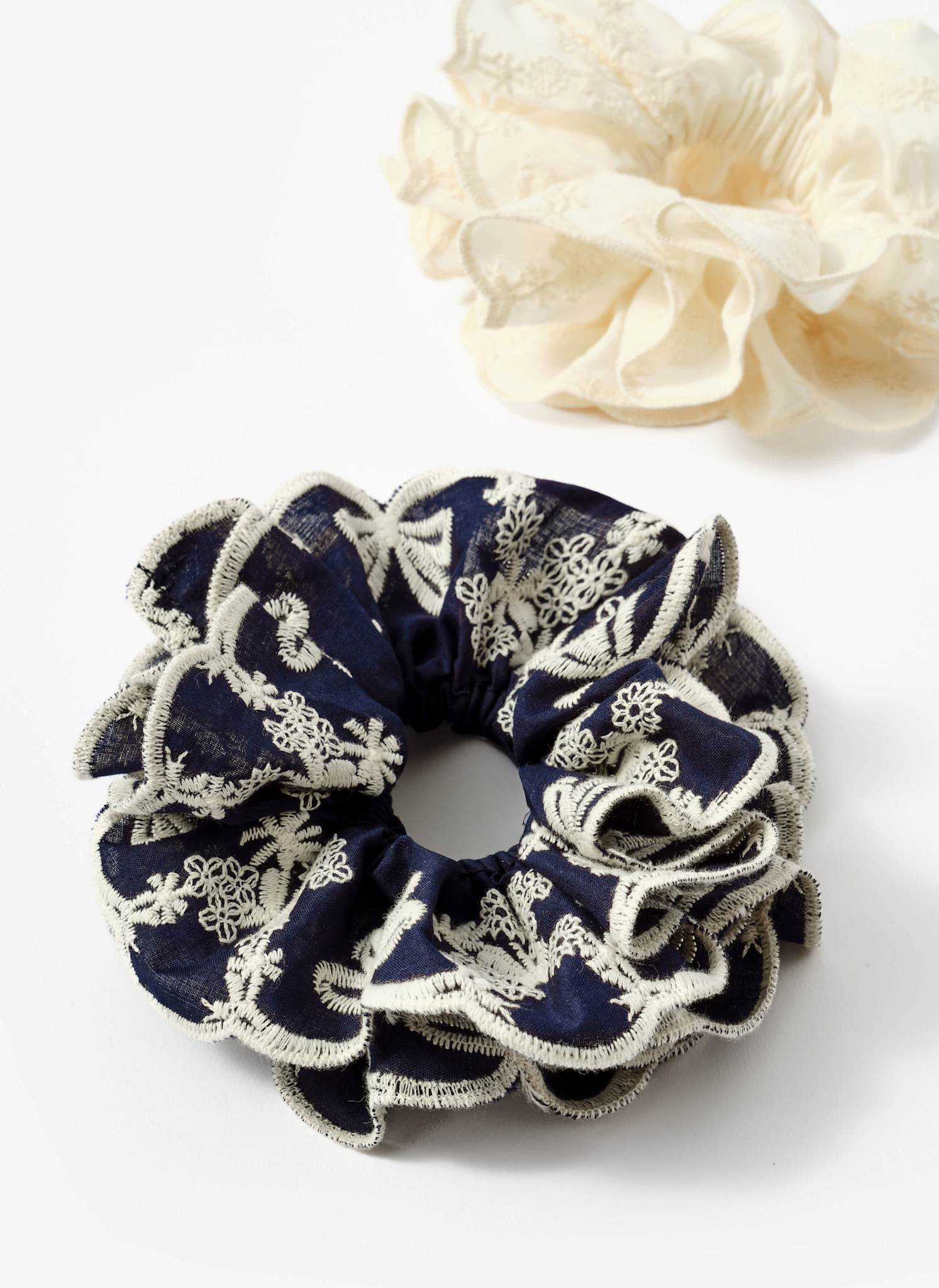 Navy Cotton Embroidered Scrunchie - Image 5