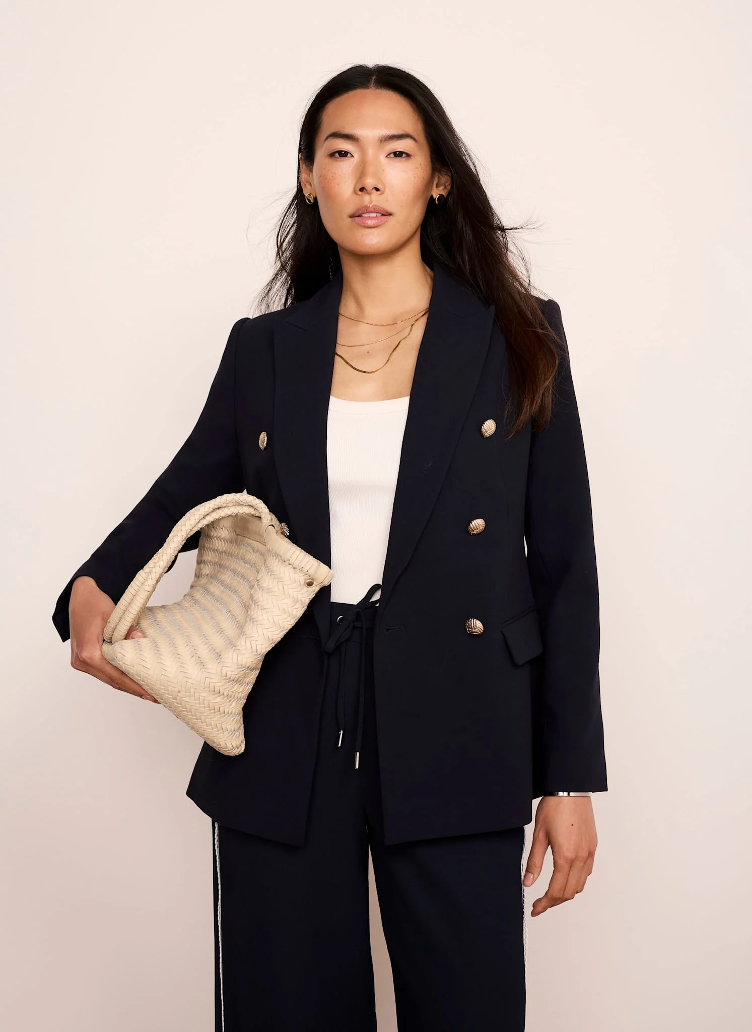 Navy Double Breasted Button Detail Blazer - Image 3