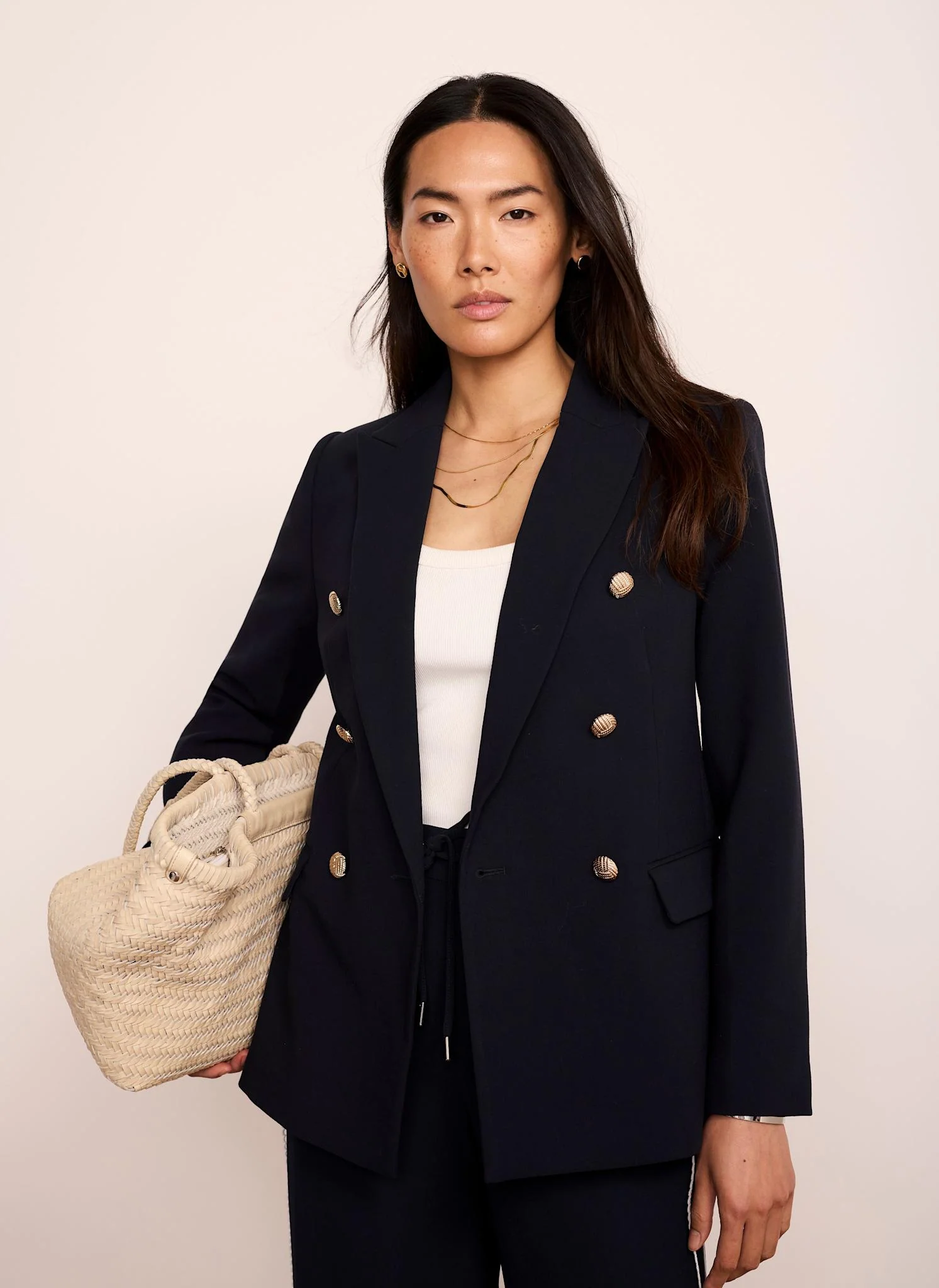 Navy Double Breasted Button Detail Blazer - Image 5