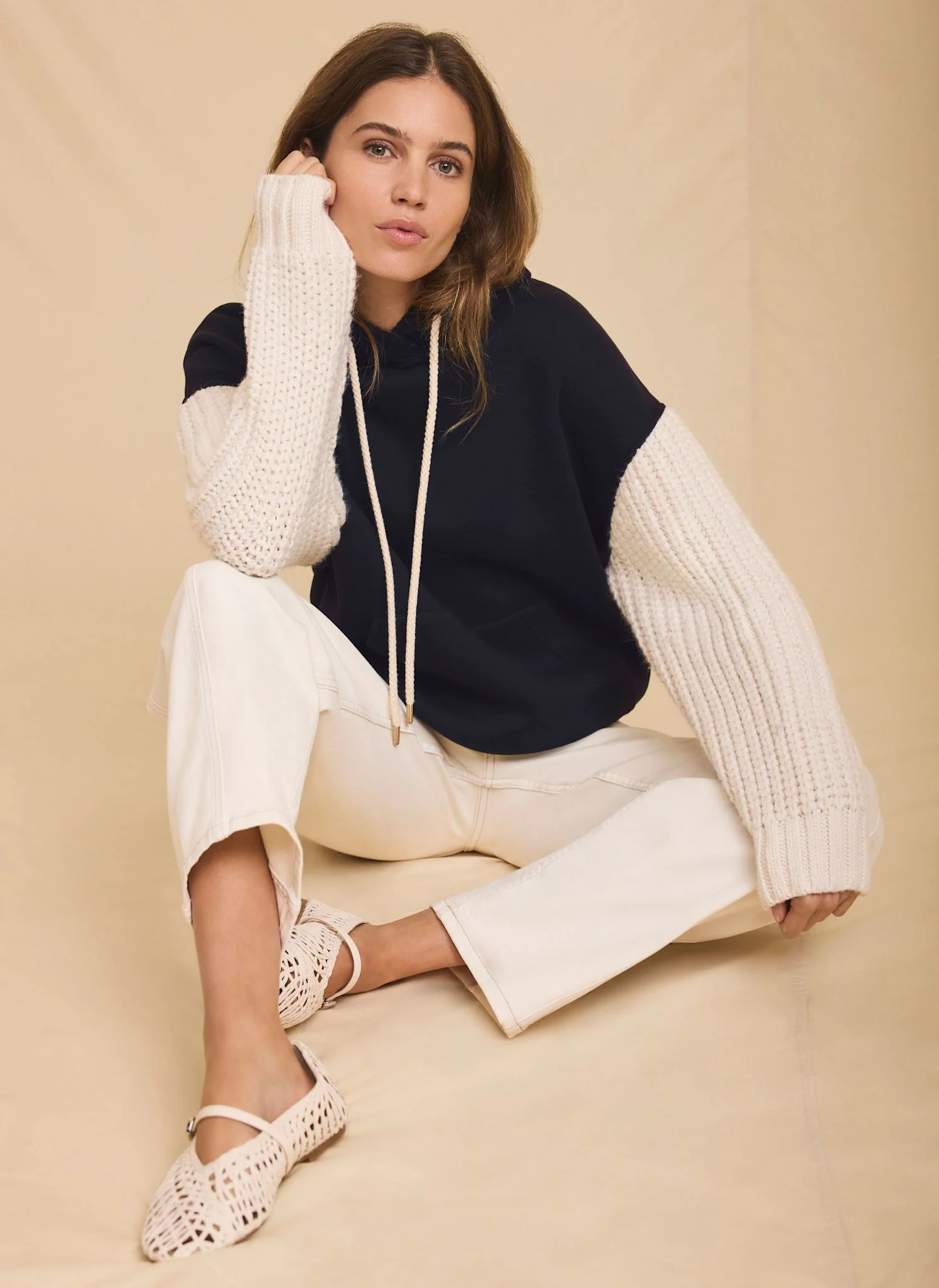Navy Cotton Blend Contrast Sleeve Hoodie