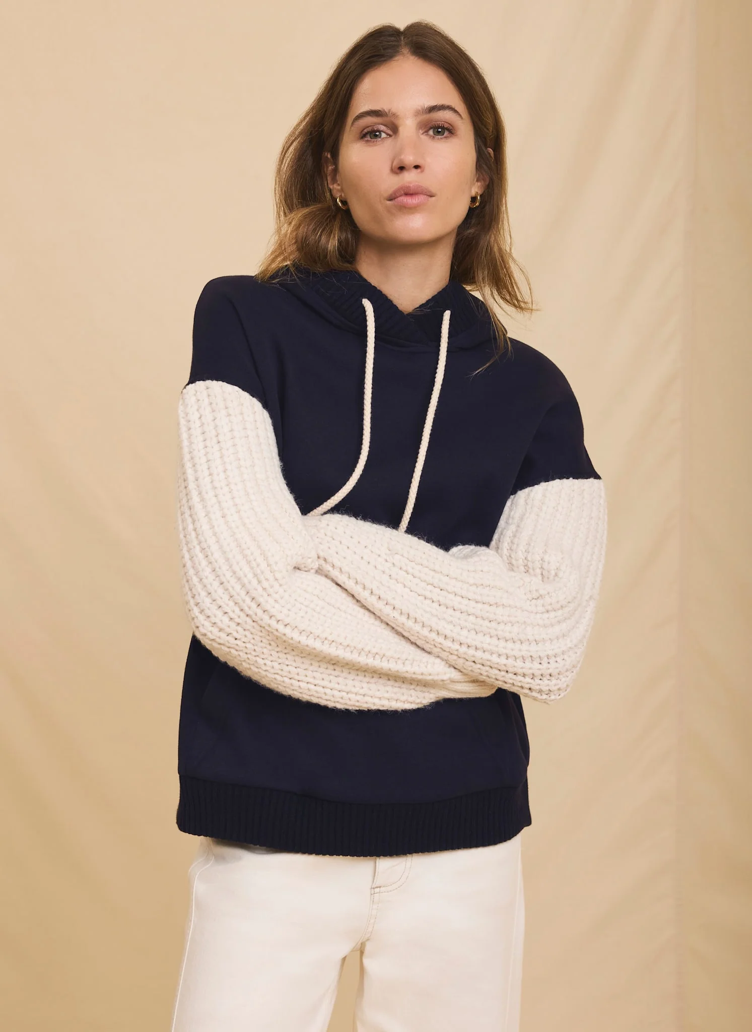 Navy Cotton Blend Contrast Sleeve Hoodie - Image 4