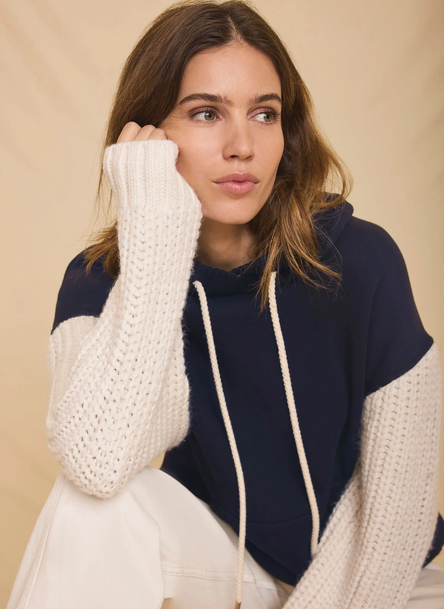 Navy Cotton Blend Contrast Sleeve Hoodie - Image 5
