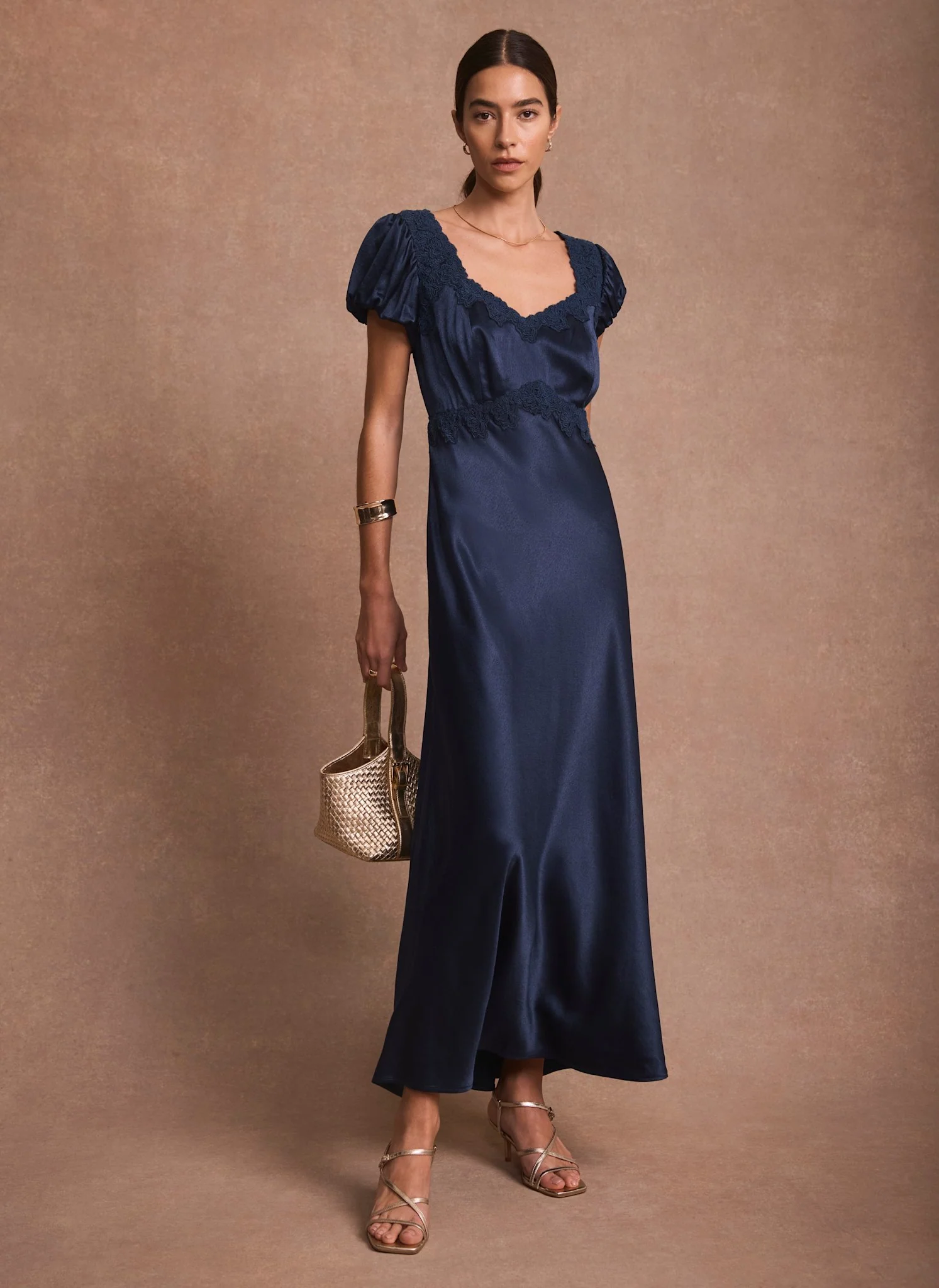 Navy Lace Detail Satin Midi Dress