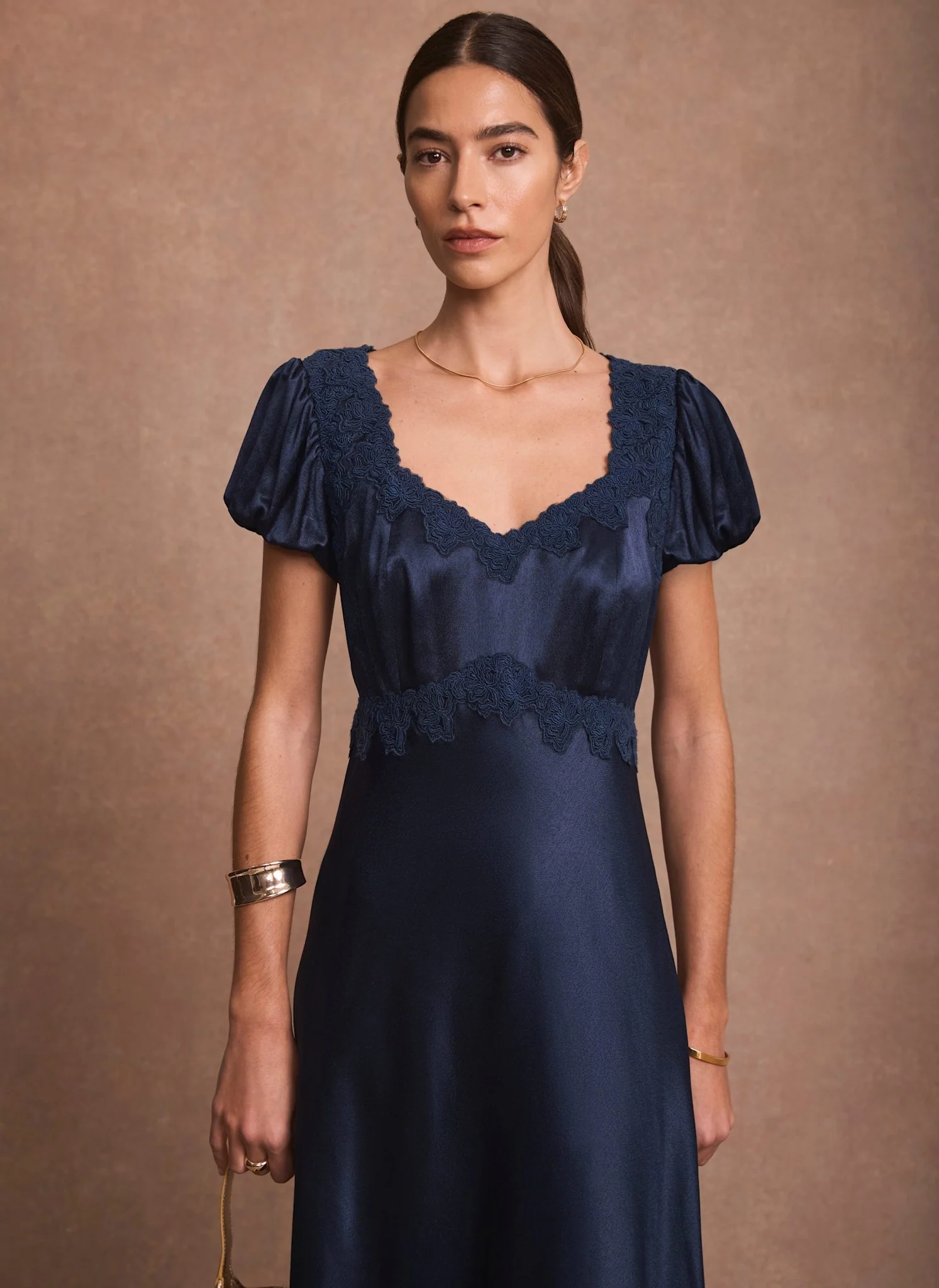Navy Lace Detail Satin Midi Dress - Image 2