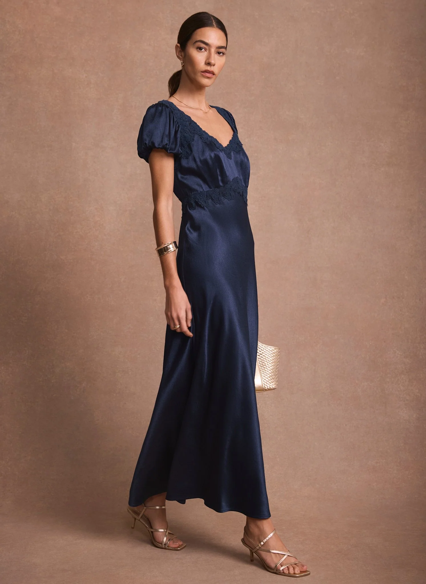 Navy Lace Detail Satin Midi Dress - Image 3