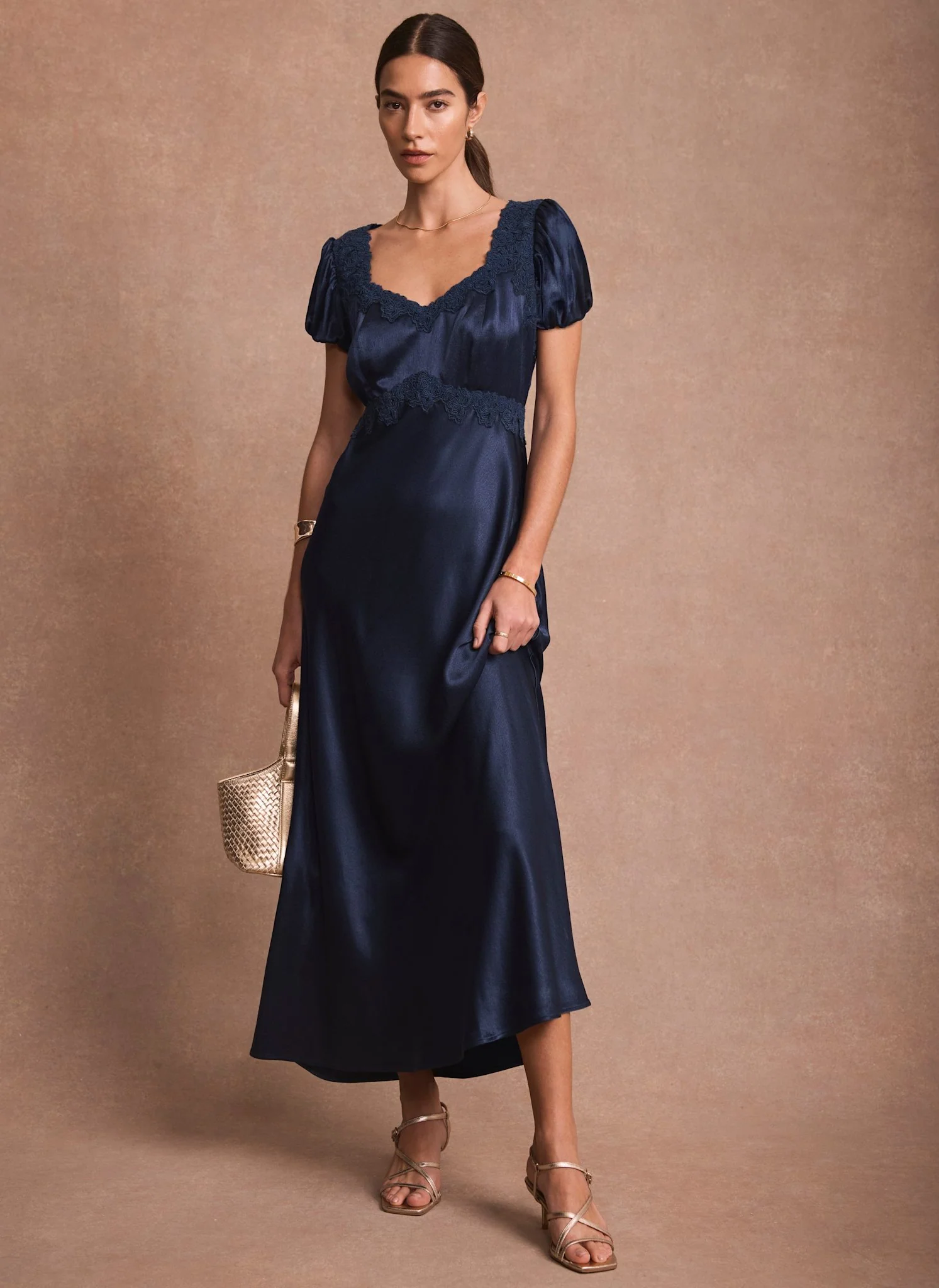 Navy Lace Detail Satin Midi Dress - Image 4