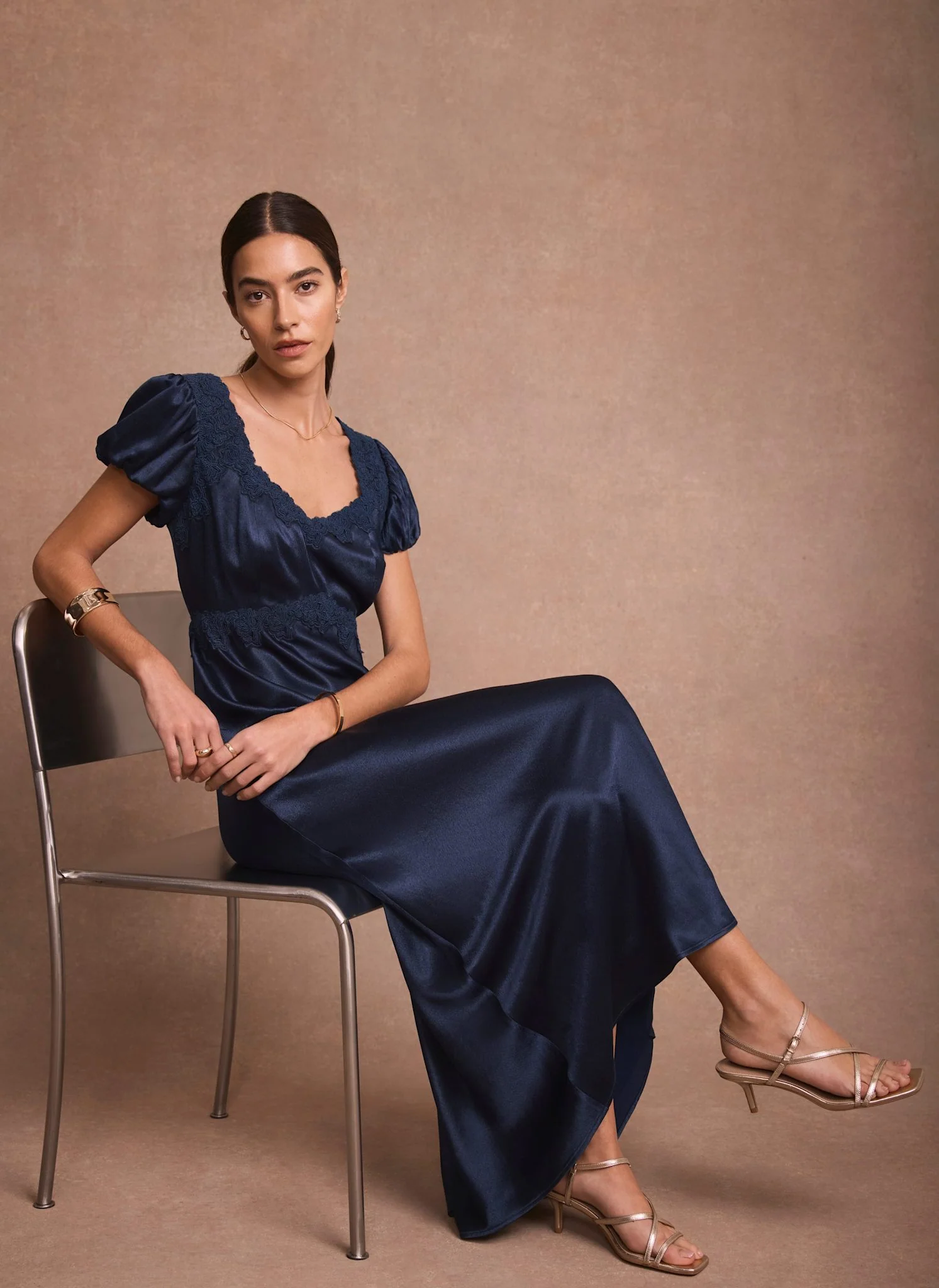 Navy Lace Detail Satin Midi Dress - Image 5
