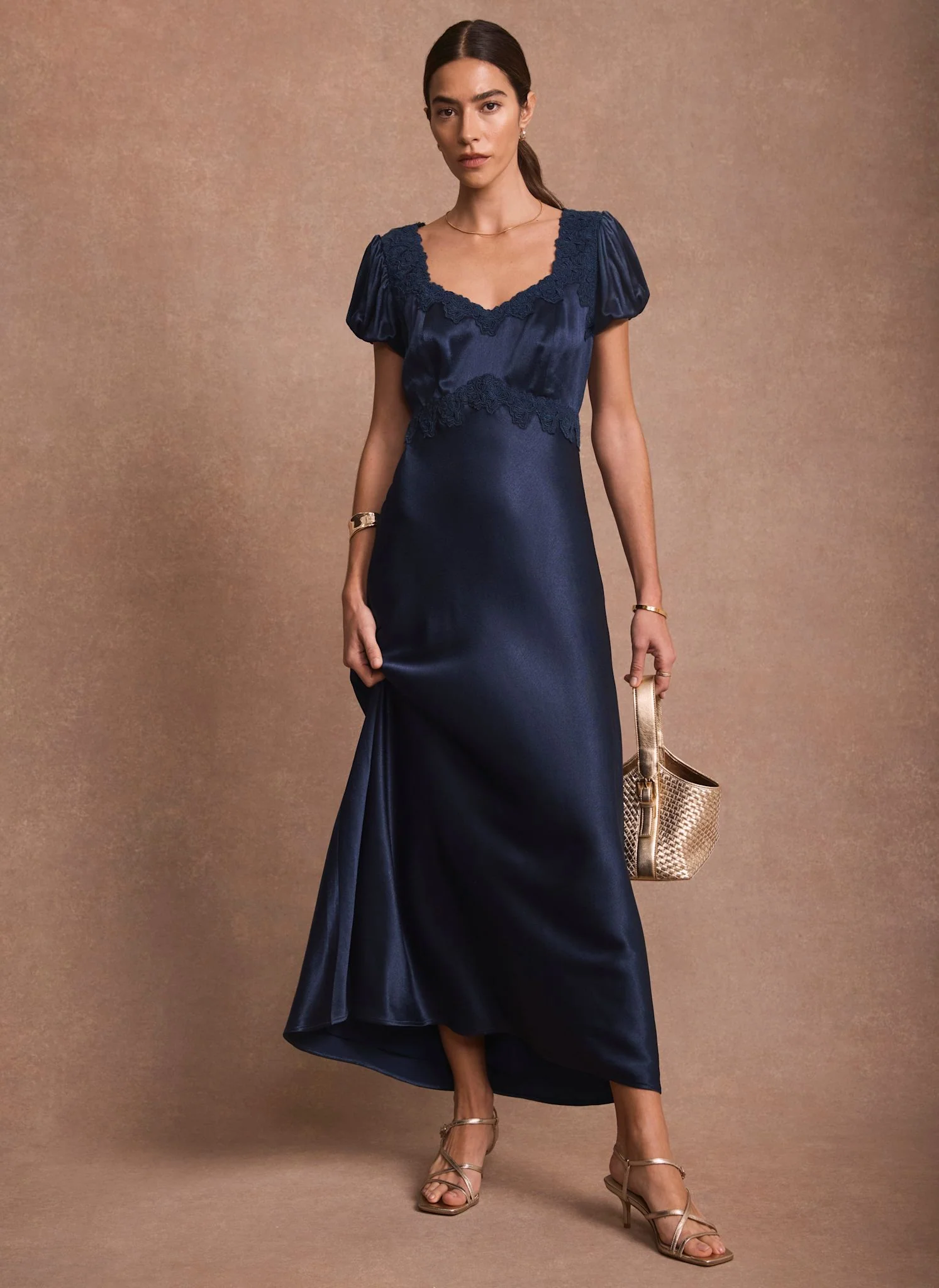 Navy Lace Detail Satin Midi Dress - Image 6