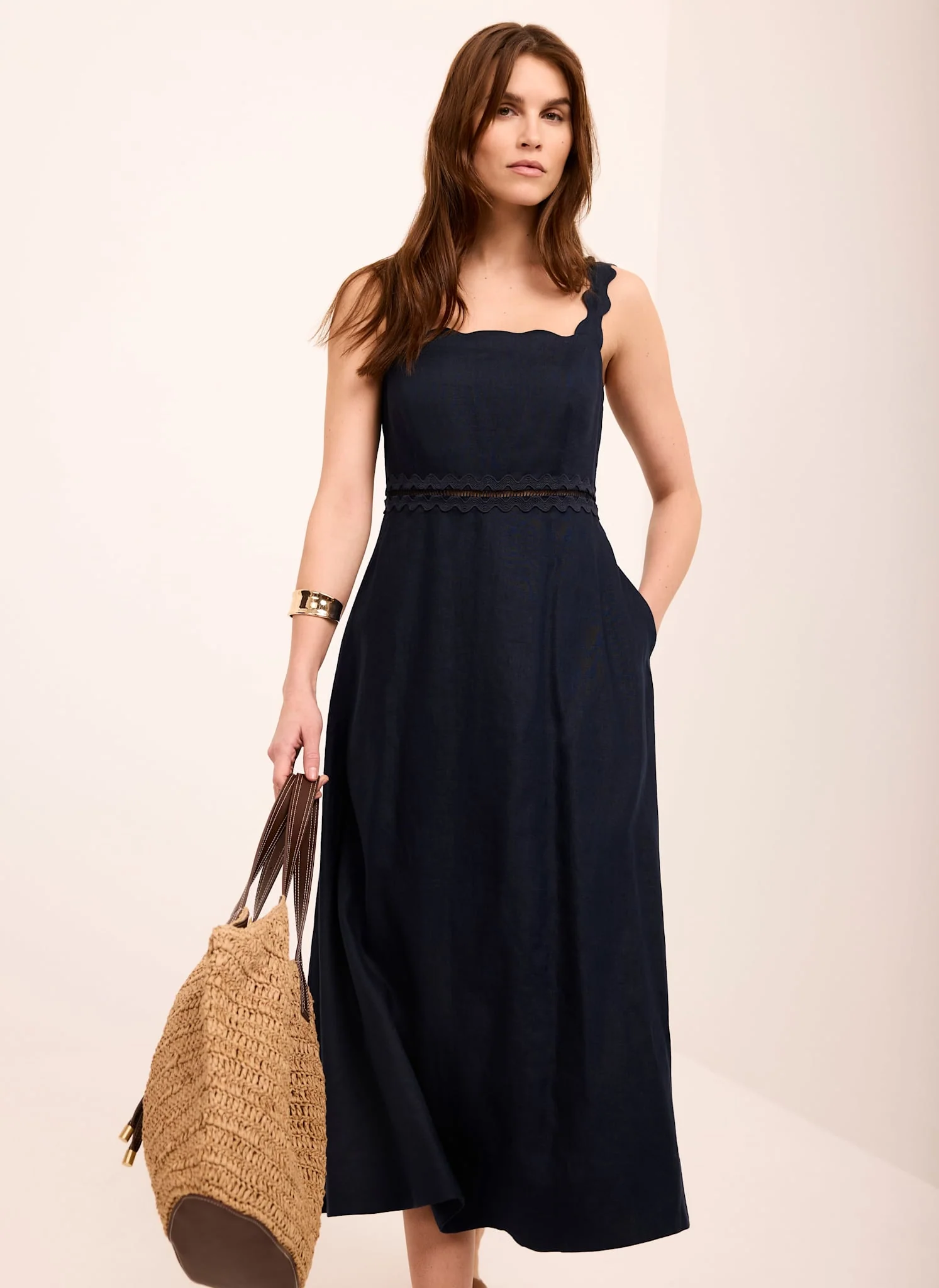 Navy Linen Scallop Trim Midi Dress - Image 4