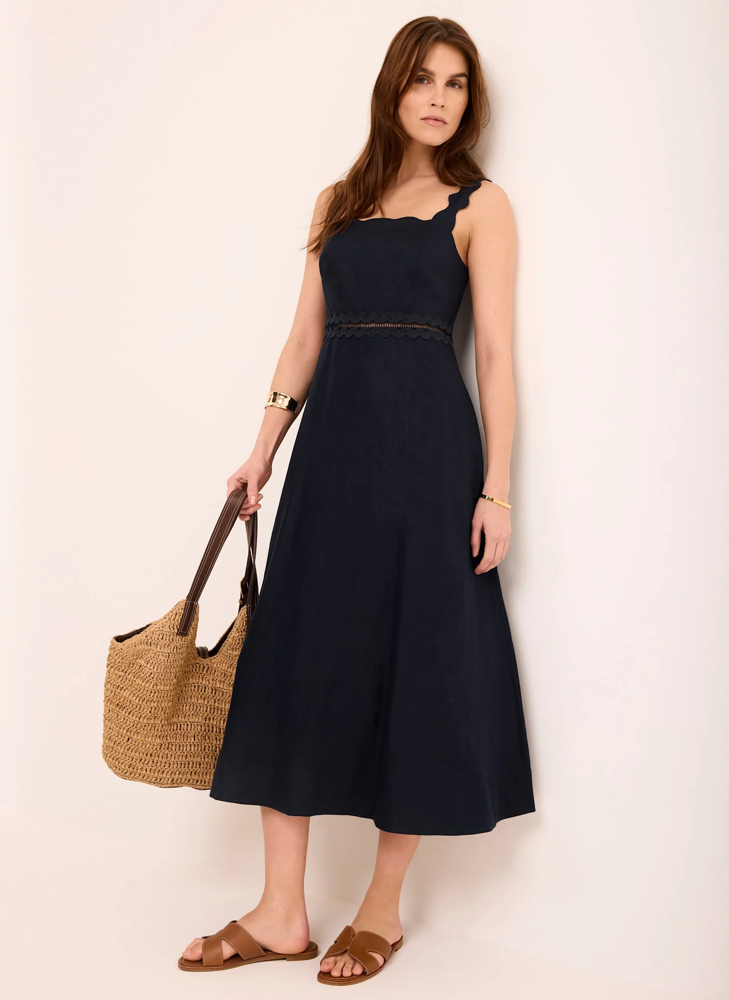 Navy Linen Scallop Trim Midi Dress - Image 6