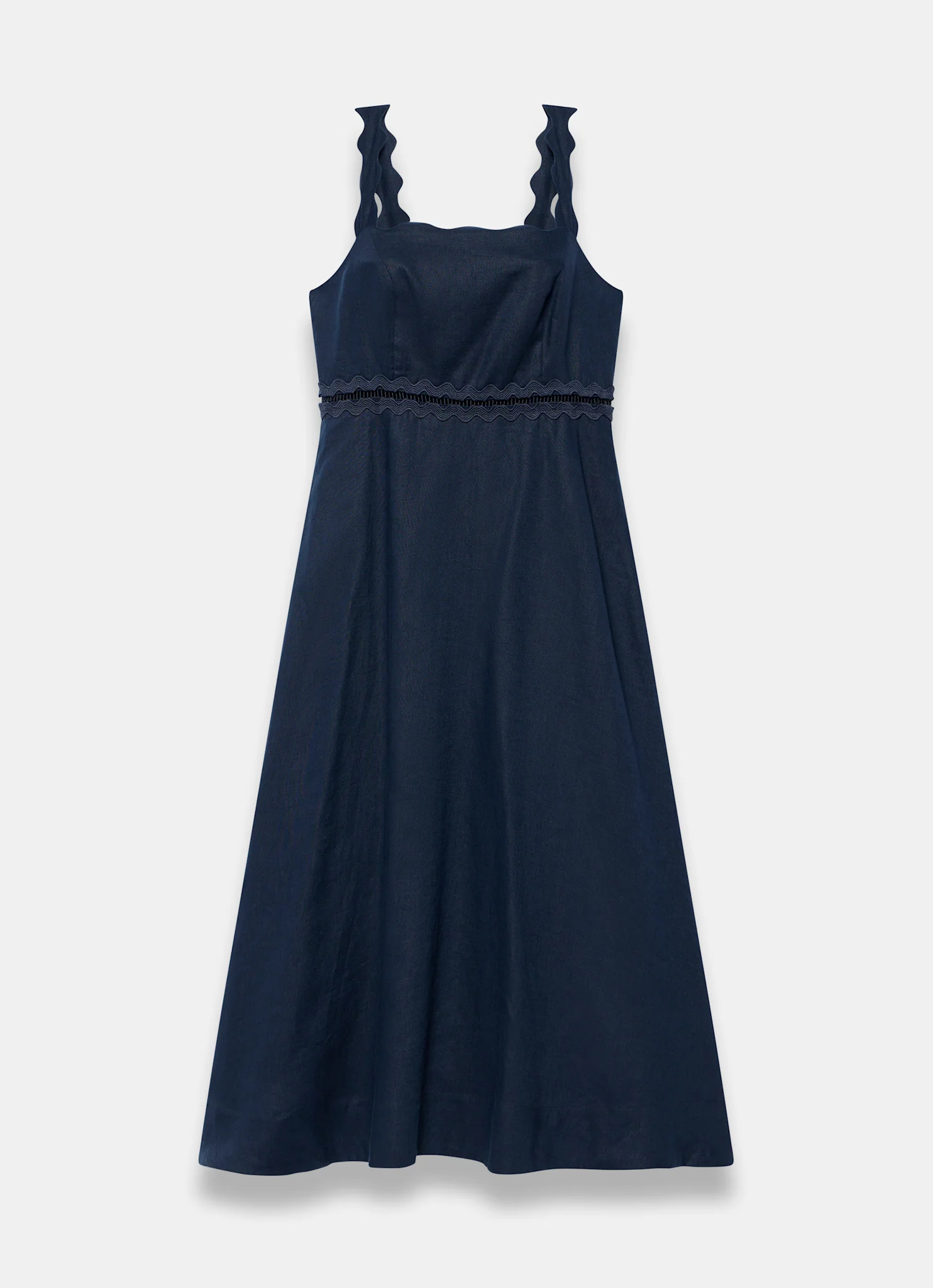 Navy Linen Scallop Trim Midi Dress - Image 7