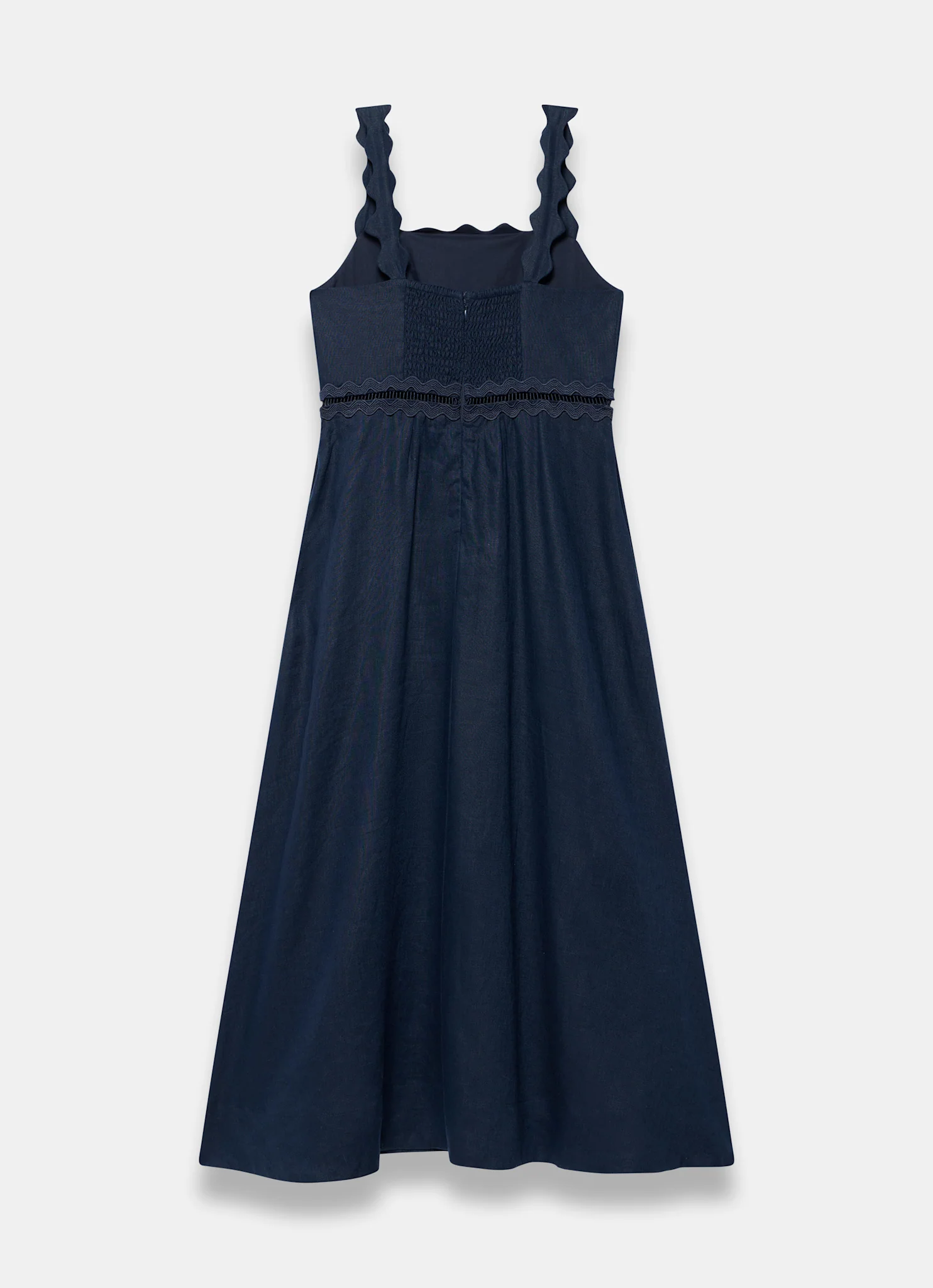 Navy Linen Scallop Trim Midi Dress - Image 8
