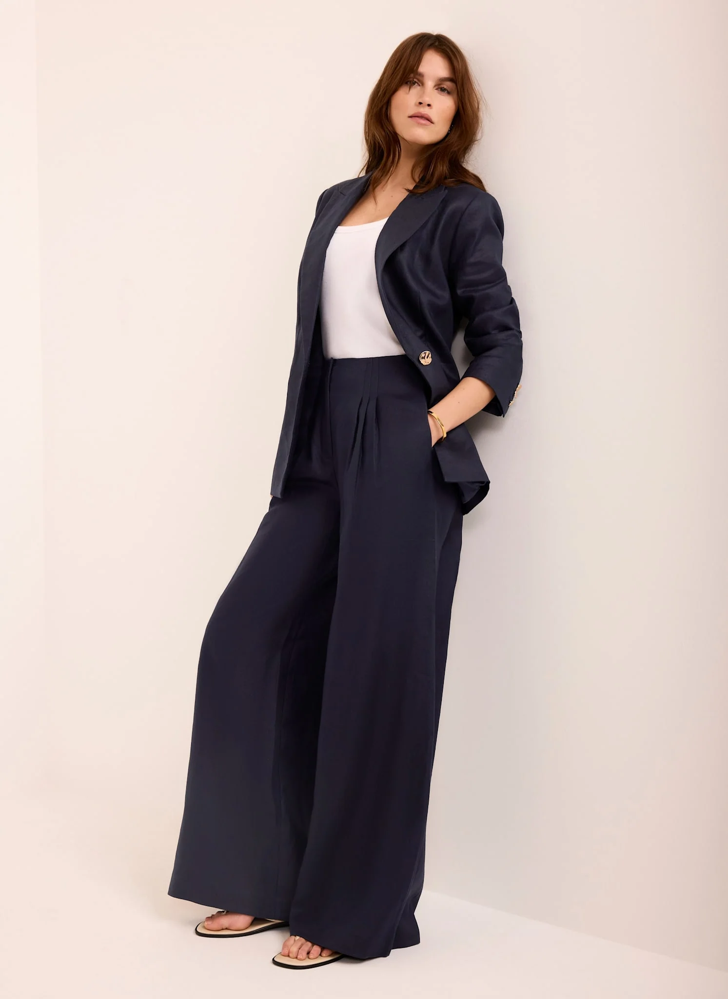 Navy Ramie Wide Leg Trousers - Image 2